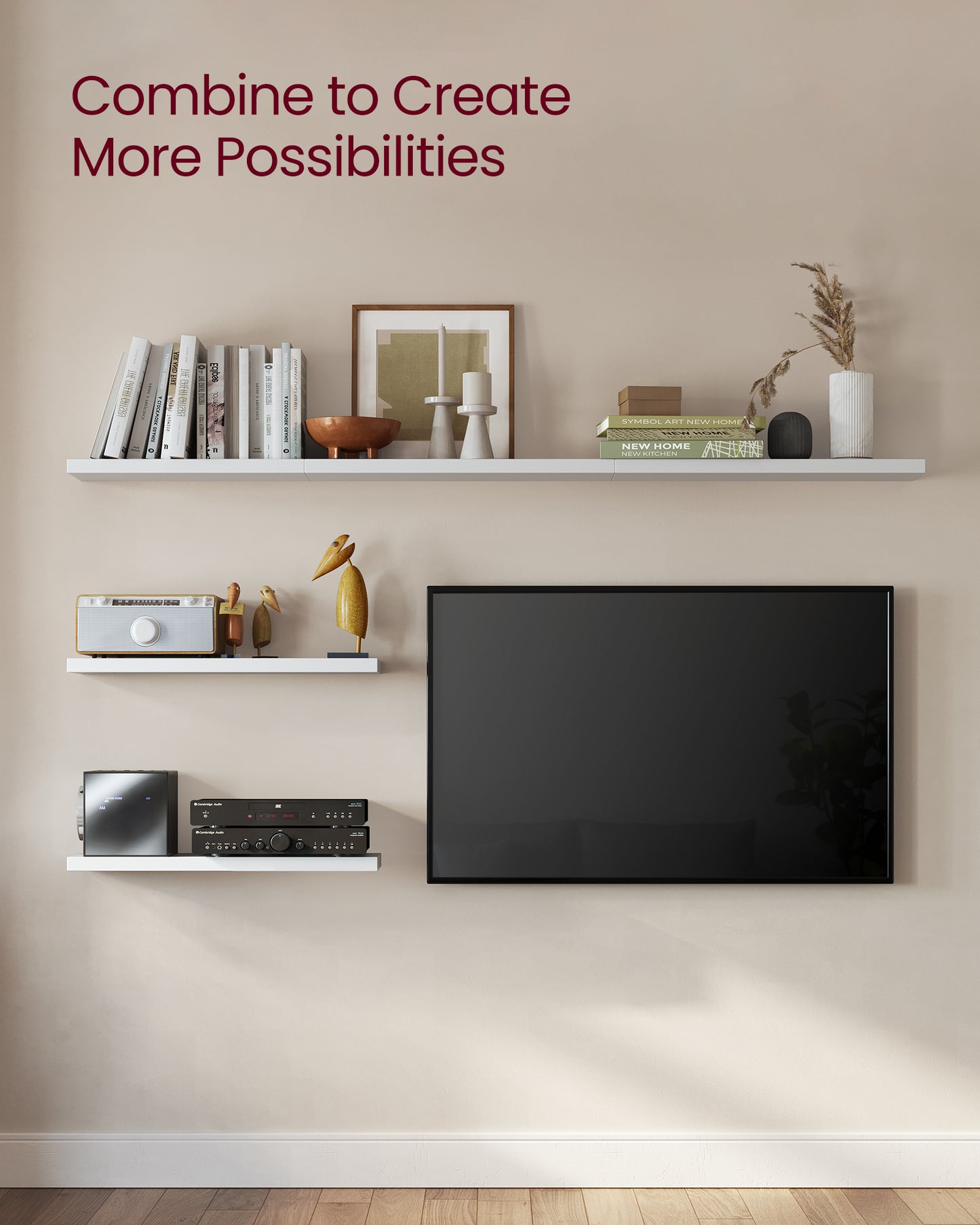 Wall Shelves Set of 3, Floating Shelves, 8 x 15.7 x 1.5 Inches, Display Shelves for Picture Frames, Decor, Hanging Shelf for Living Room, Kitchen, White