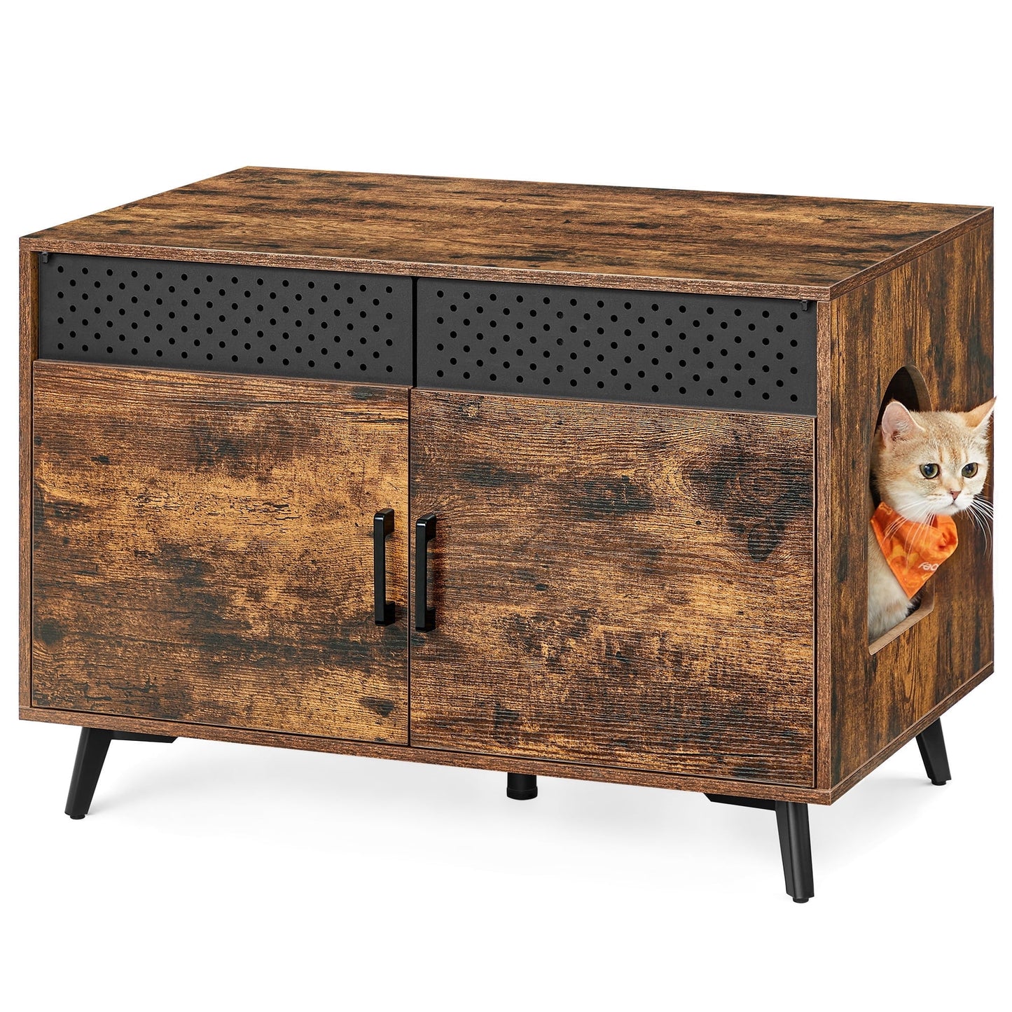 Litter Box Enclosure, Cat Litter Box Furniture Hidden, with Removable Divider, High Legs, Cat House for Indoor Cats, Side End Table, 31.5 x 19.7 x 21.7 Inches, Rustic Brown