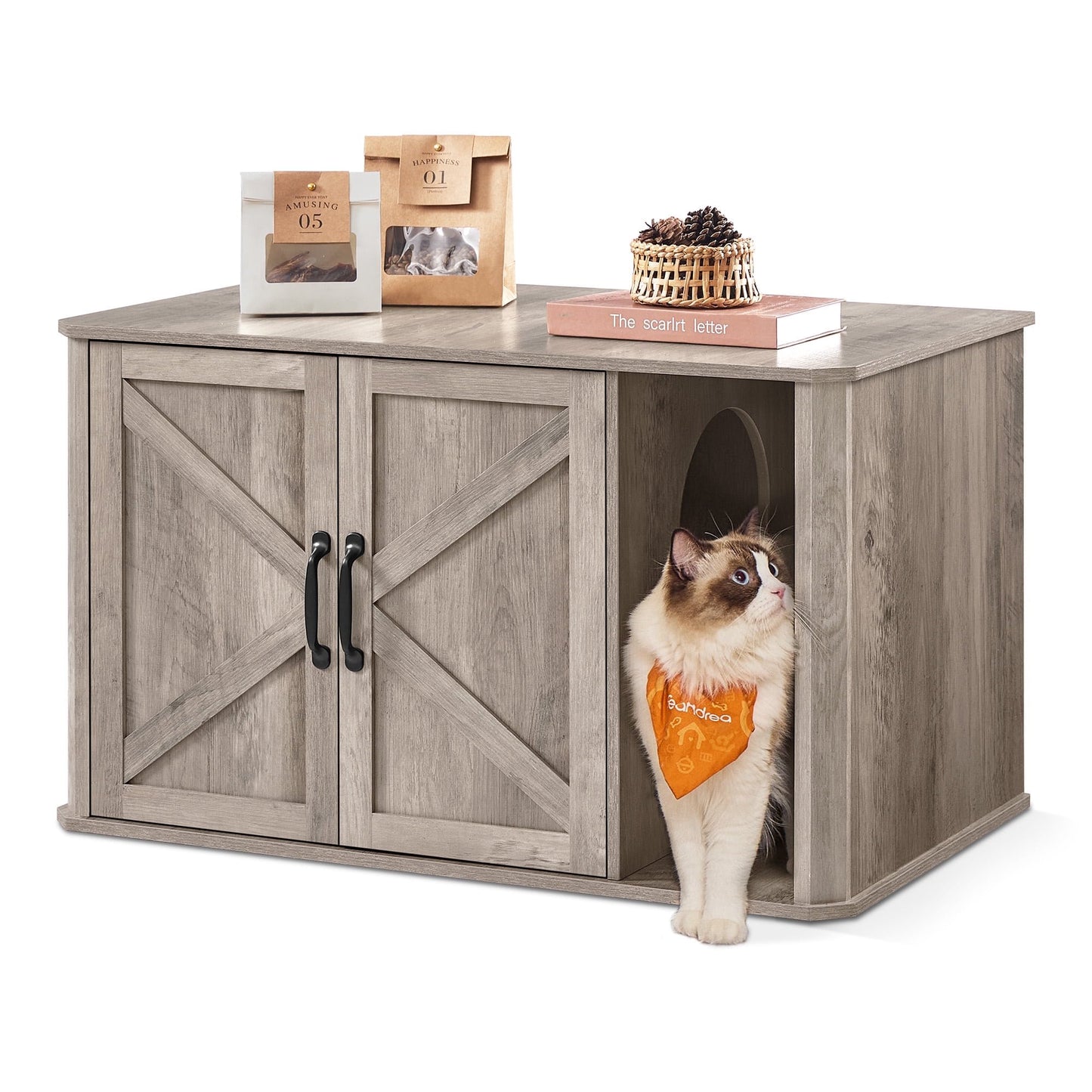 Litter Box Enclosure, Modern Cat Litter Box Furniture Hidden, with Front Entry, Double Doors