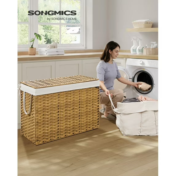 Natural Woven Laundry Hamper with Lid, Breathable Fabric Clothes Basket, Foldable Storage Bin for Home Organization,Natural