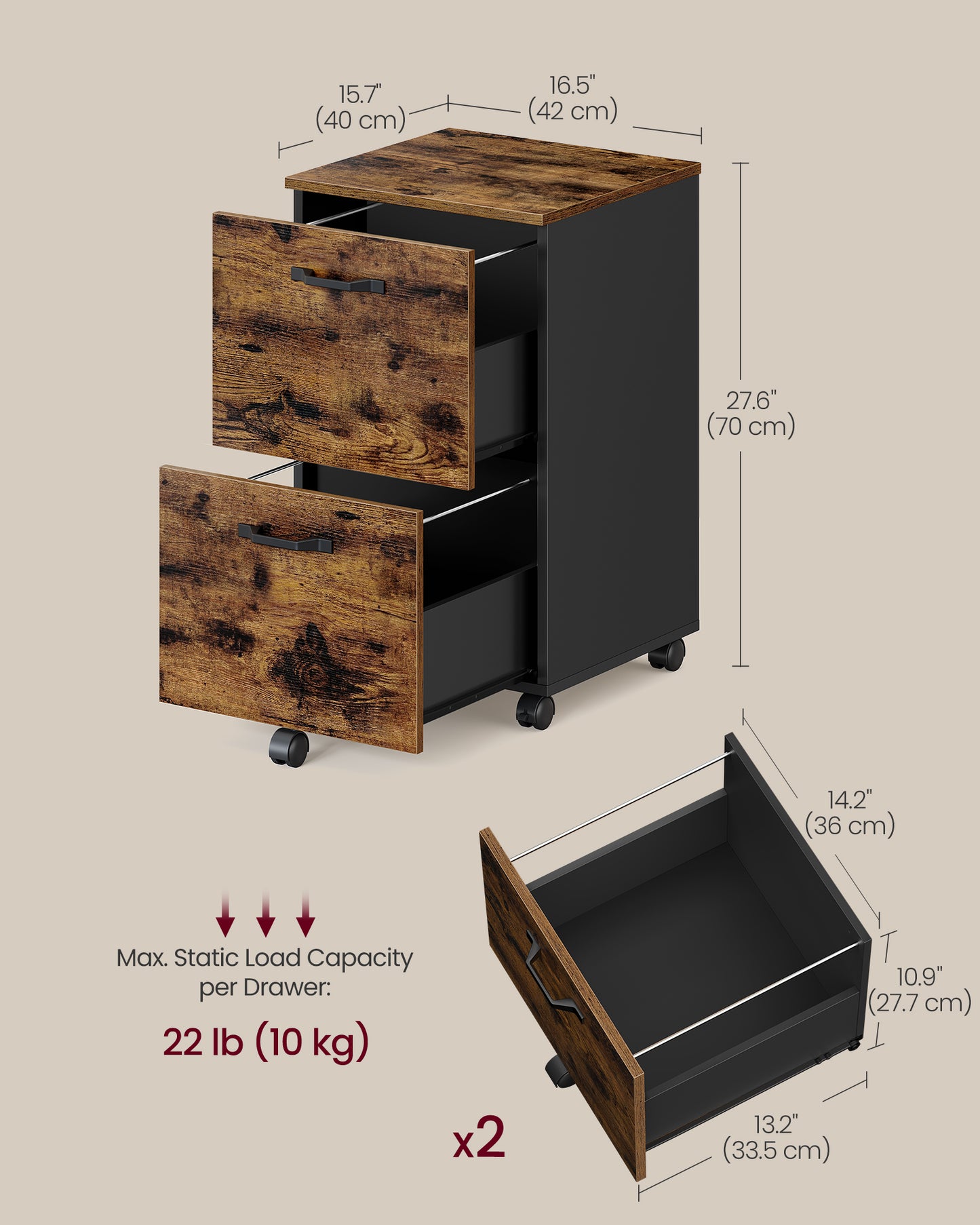 2-Drawer File Cabinet, Filing Cabinet for Home Office, Small Rolling File Cabinet, Printer Stand, Hanging File Folders Rustic Brown and Black