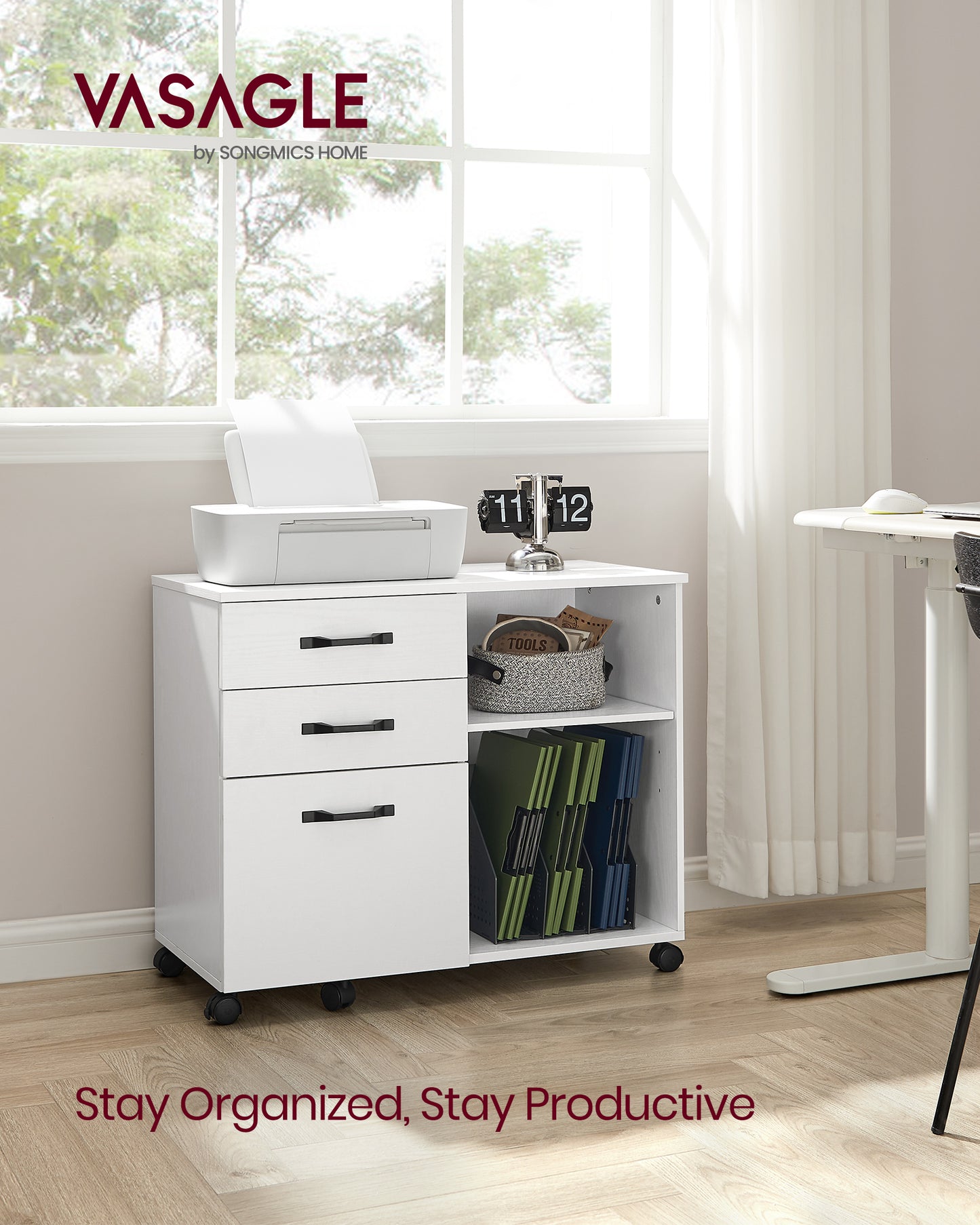 Lateral File Cabinet, Home Office Printer Stand, White