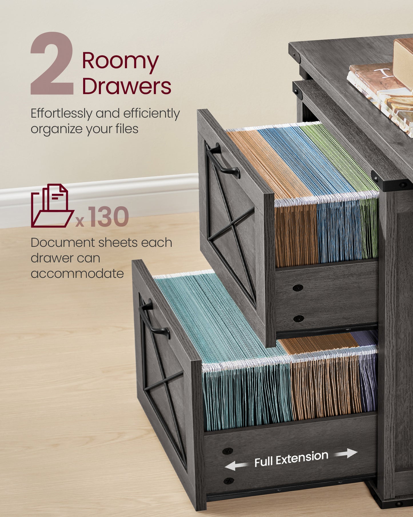VASAGLE 2-Drawer File Cabinet, Farmhouse Filing Cabinet with Hanging Rails, Printer Stand for Home Office, Misty Gray