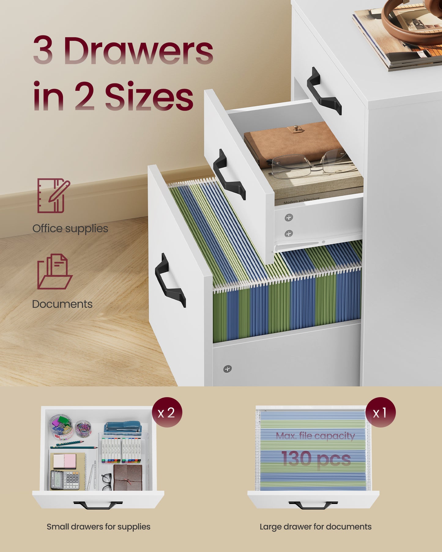 VASAGLE Mobile File Cabinet, 3 Drawers, with Wheels, for A4, Letter Sized Documents, Adjustable Hanging Rail for File Folders, Cloud White