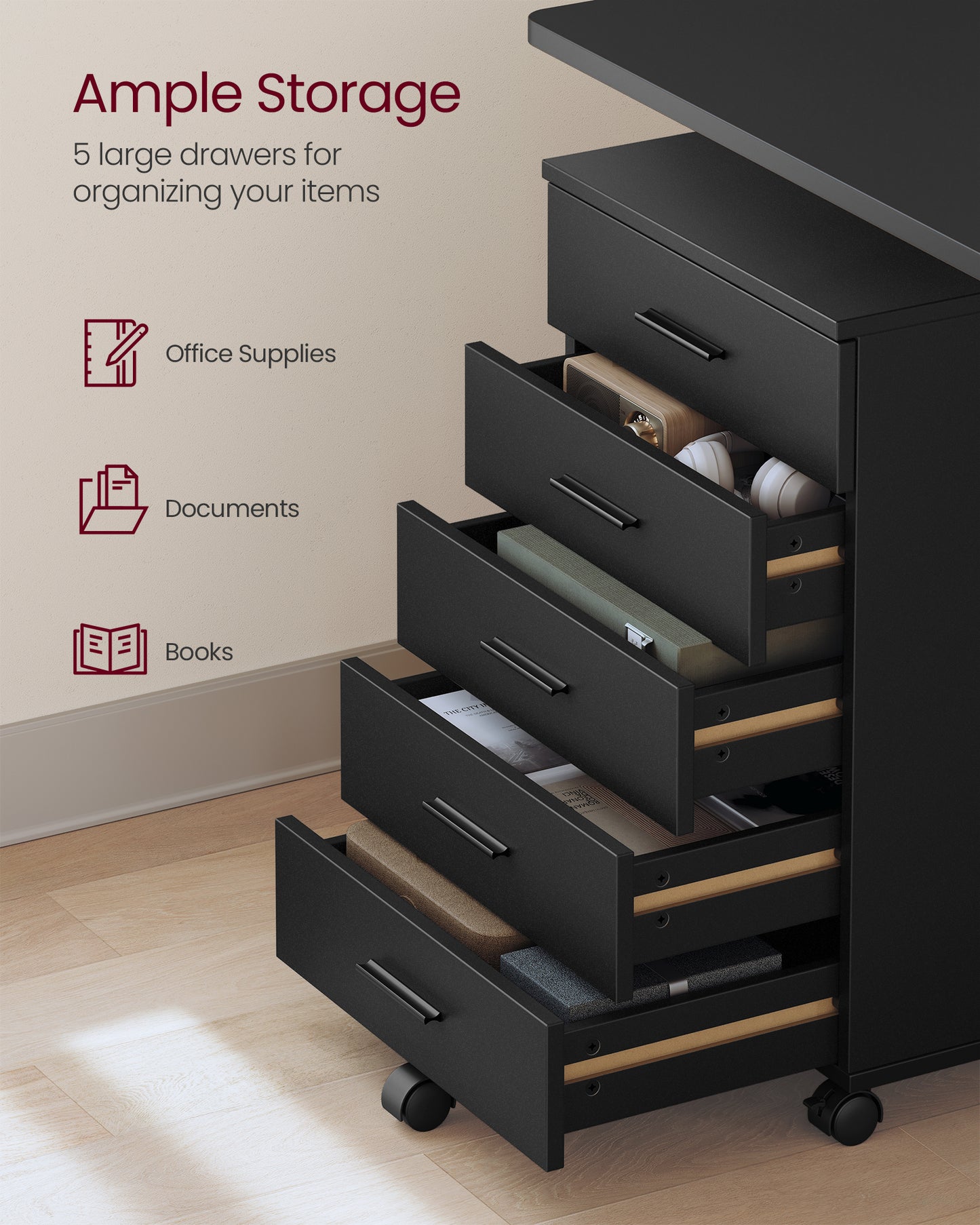 VASAGLE File Cabinet, Mobile Pedestal Filing Cabinet with Wheels, Printer Stand with 5 Drawers, Tool-Free Sliding Rails, Ink Black
