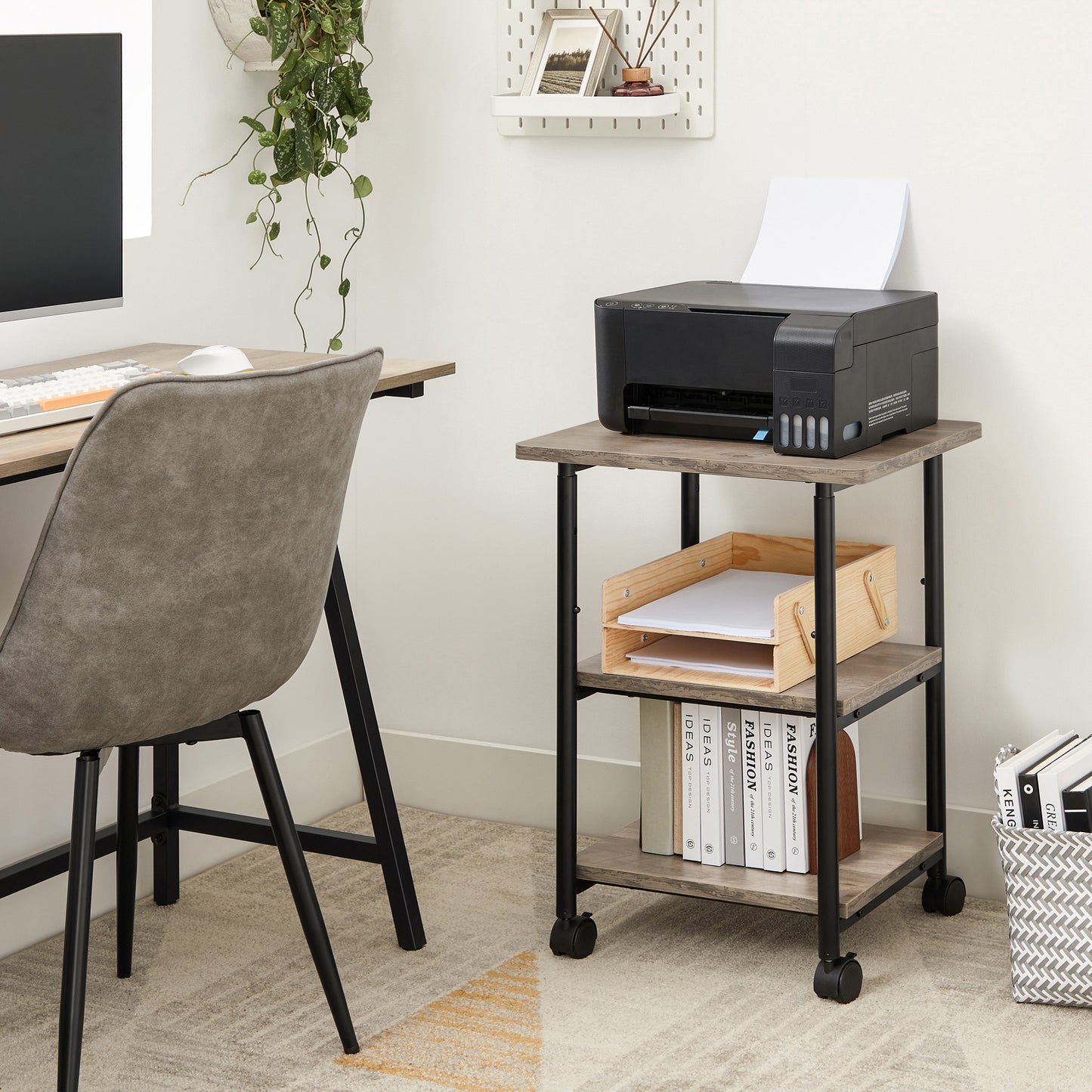 VASAGLE Heavy-Duty Printer Stand with Locking Wheels, 3-Tier Industrial Mobile Cart with Storage Shelf, Printer Table for Home, Office, 26.2-30.1" Adjustable Height, Heather Greige and