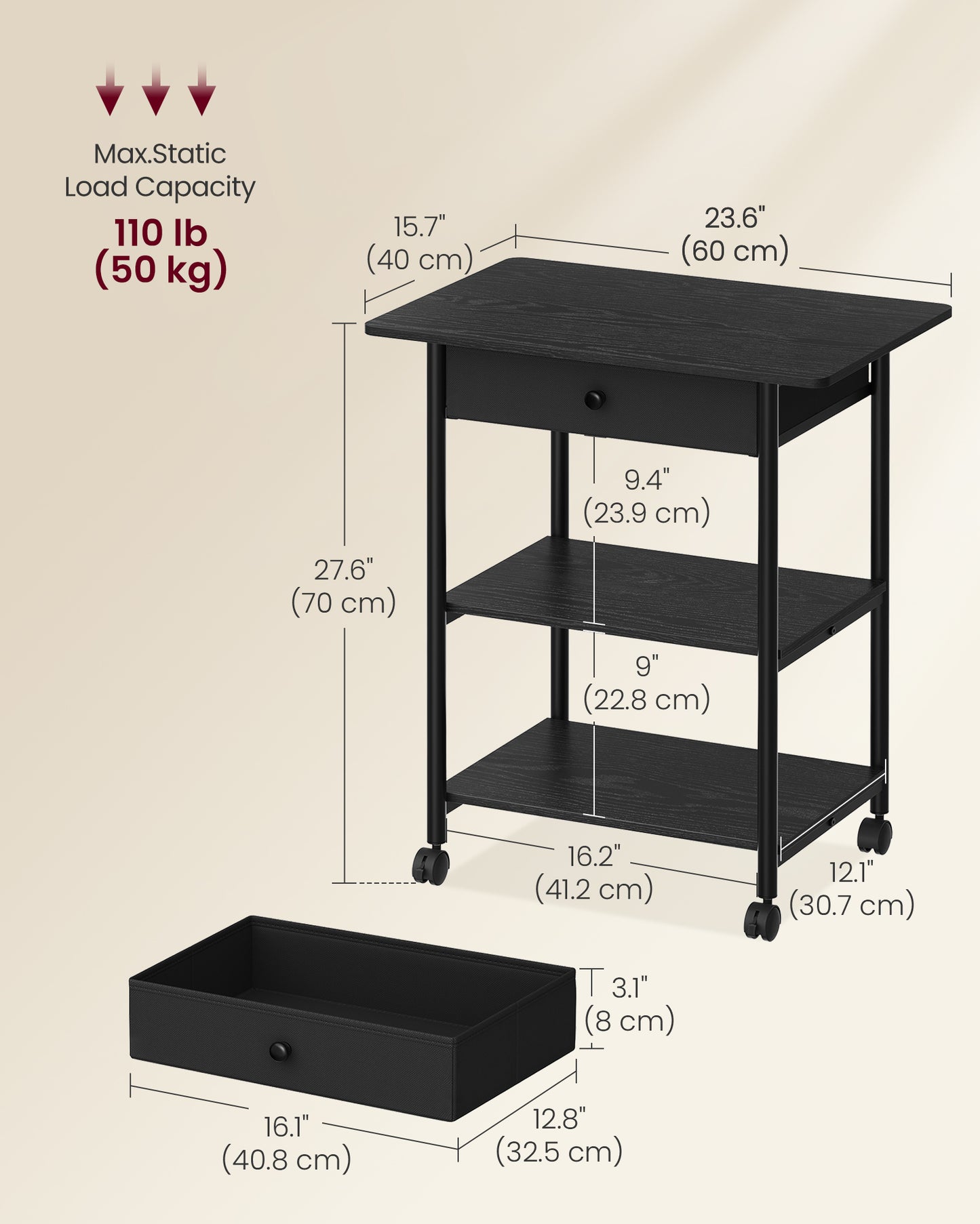 VASAGLE Printer Stand, Rolling Printer Cart, Mobile with Lockable Wheels, Steel Frame, 2 Storage Shelves Removable Drawer, 3-Tier, Ebony Black