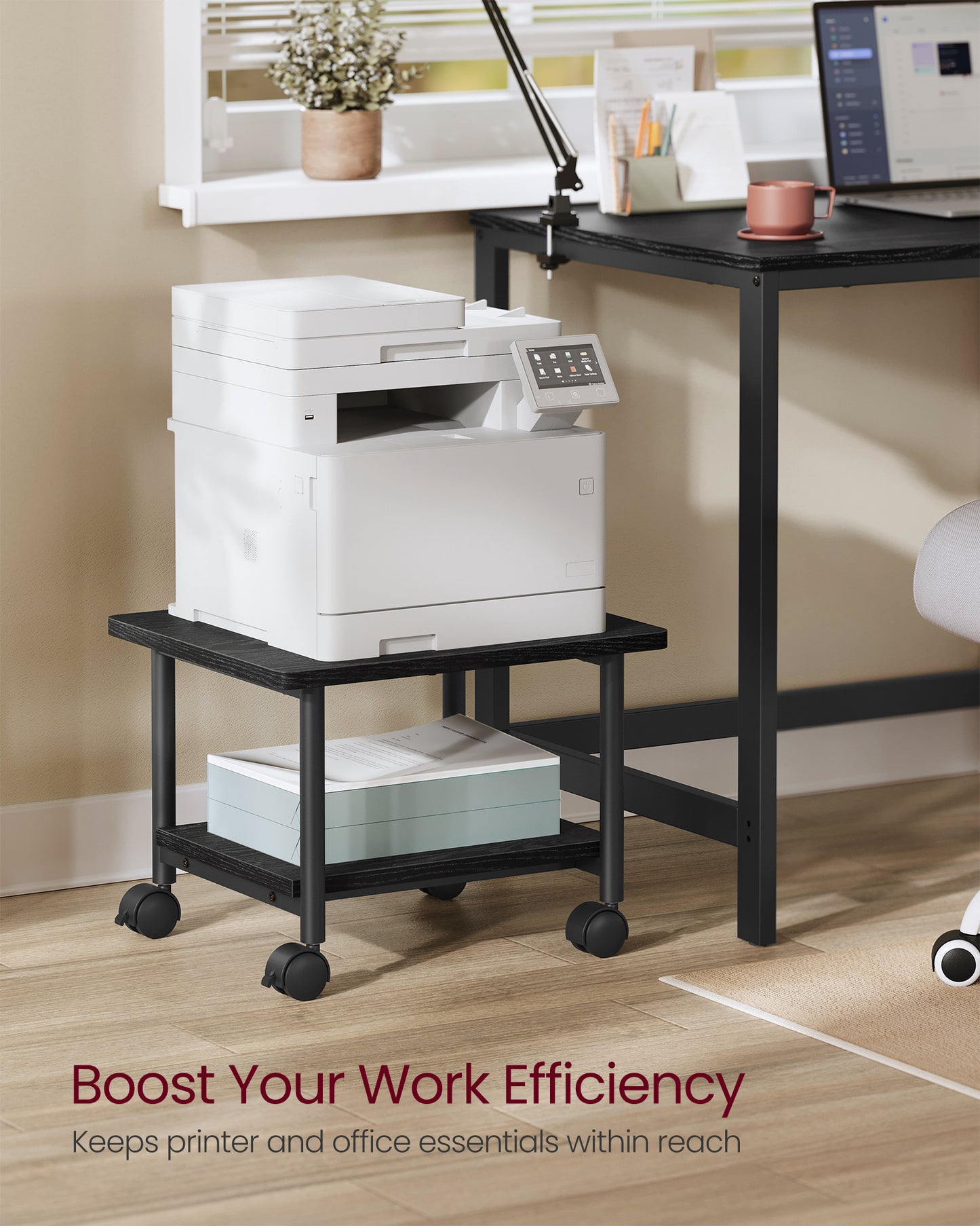 VASAGLE Industrial Under Desk Printer Stand 2-Tier Mobile Machine Cart with Shelf
