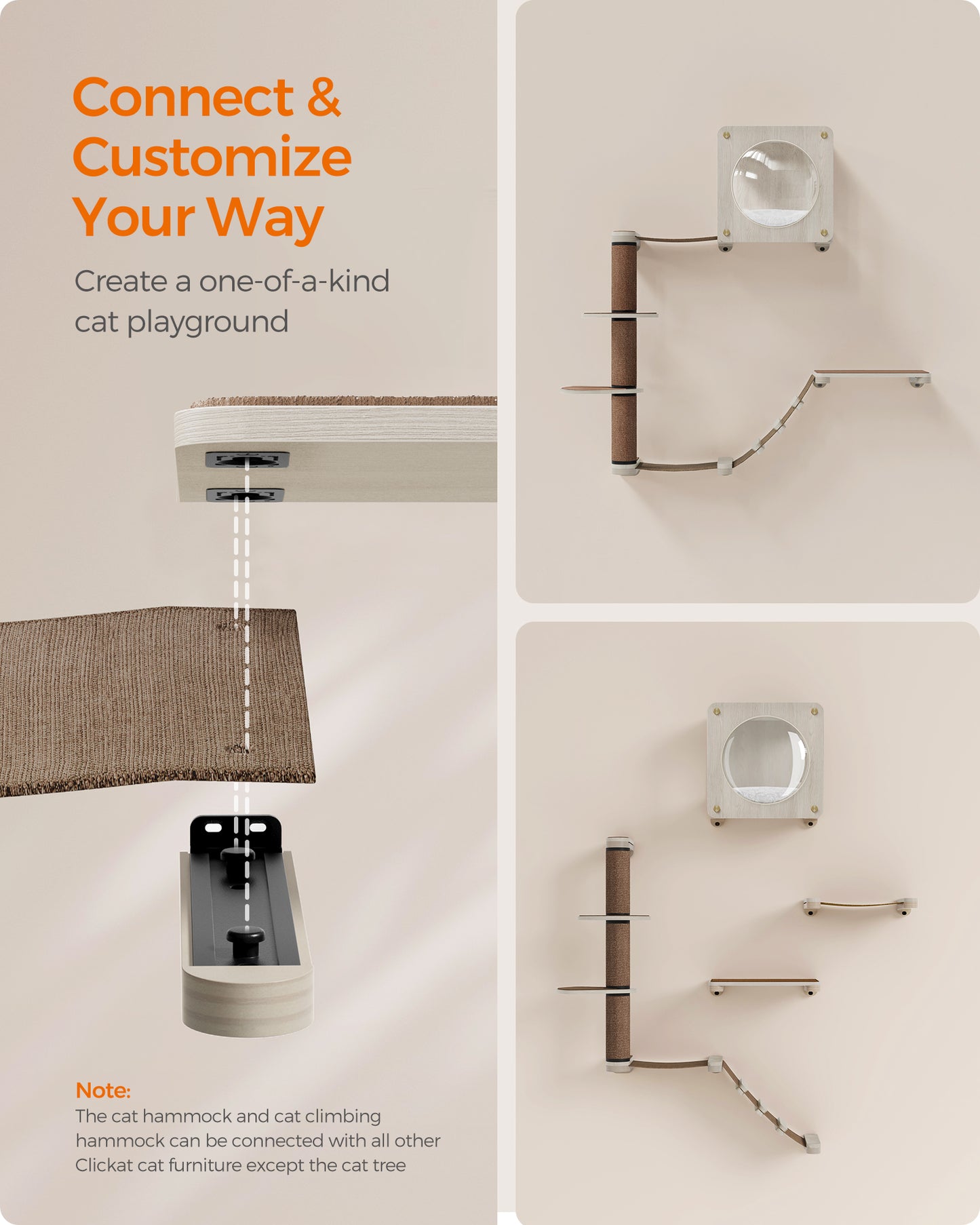 Clickat Oasis - Cat Wall Furniture, Set of 5, Cat Wall Shelf, Wall-Mounted Cat Hammock, Scratching Post, Cave, Extremely Quick Assembly, Unlimited Expandability, Replaceable Module and Parts