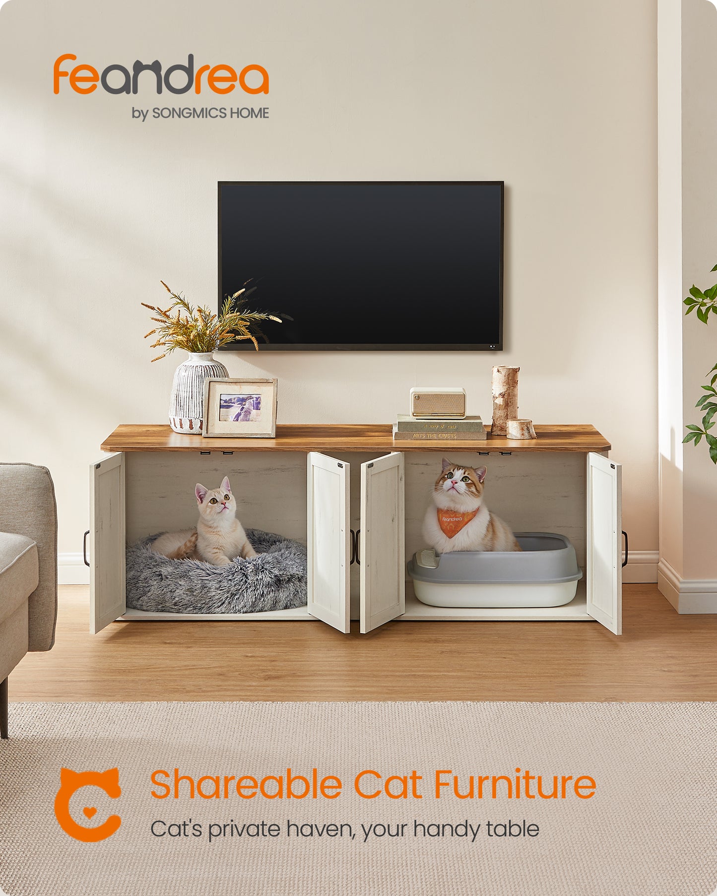 Double Cat Litter Box Enclosure Furniture, 2-Cat Hidden Litter Box with Front Entry, 59x19x19.5 Inches, Honey Brown & Rustic White