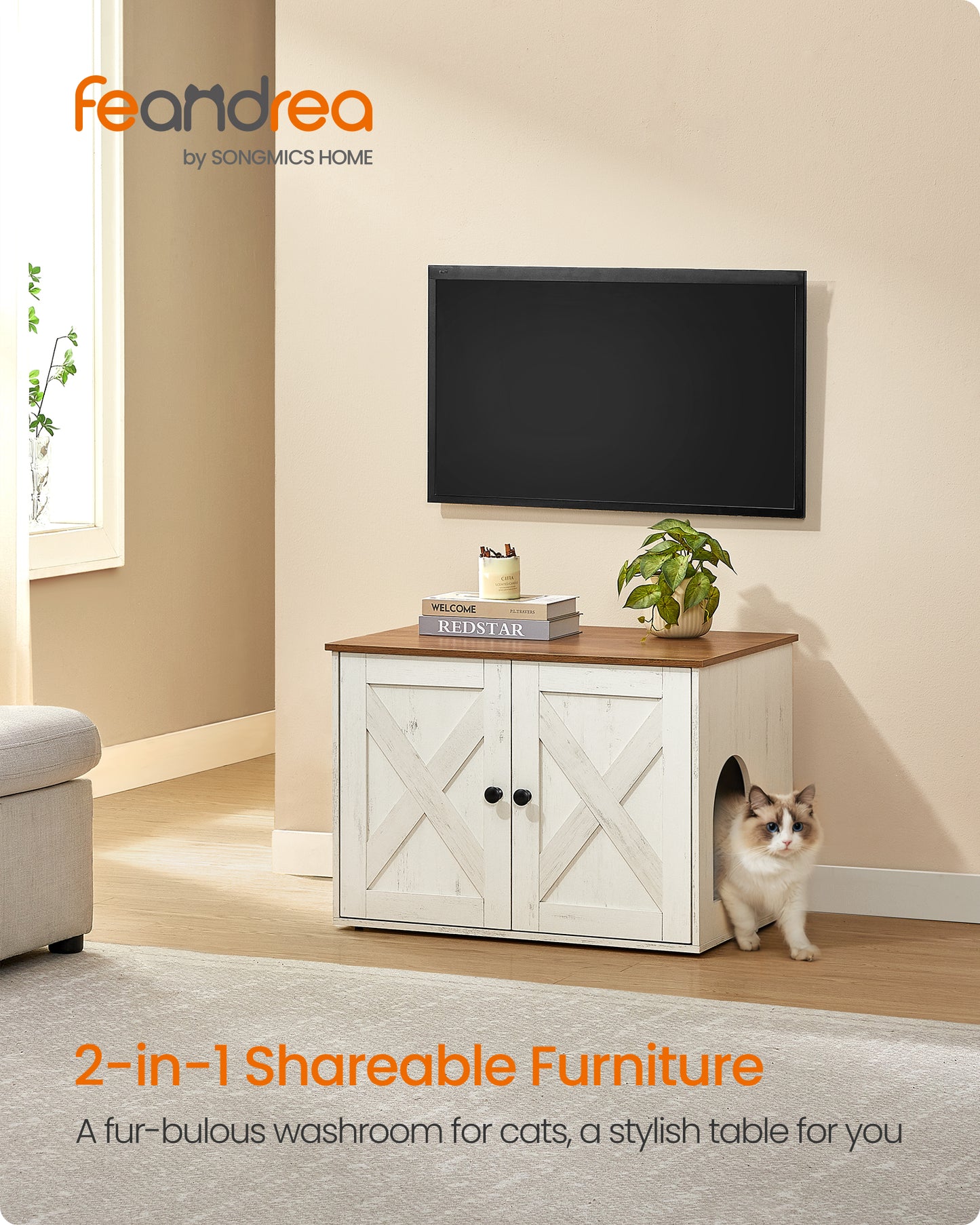 Rustic White & Honey Brown Cat Litter Box Enclosure. Doubles as indoor cat house and end table. Hidden design, 27.6 x 19.7 x 19.7 inches.