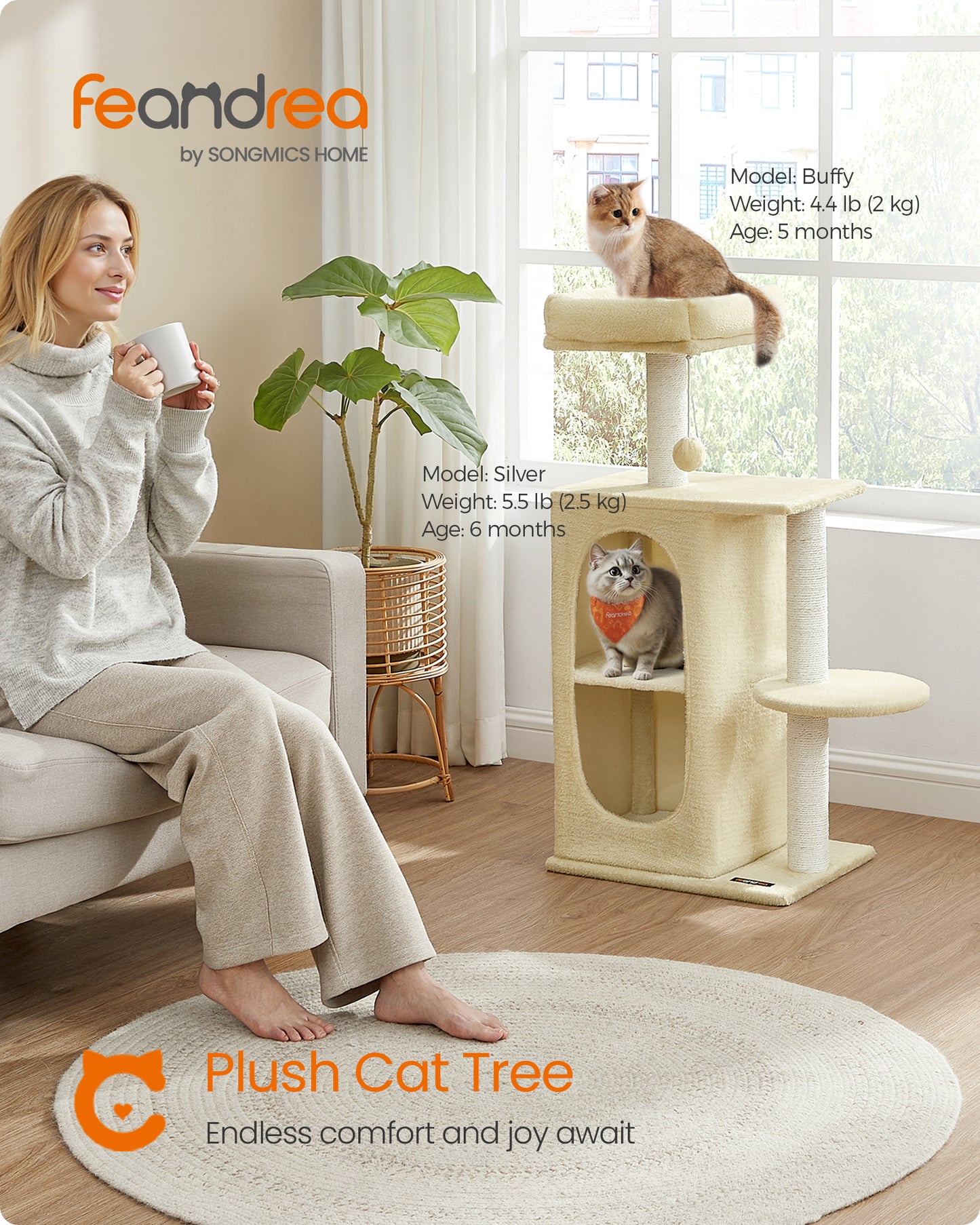 Small Cat Tree with 2 Caves, Plush Cat Tower with Scratching Posts & Perch, Anti-Tip Design for Kittens Small Spaces, Sand Beige
