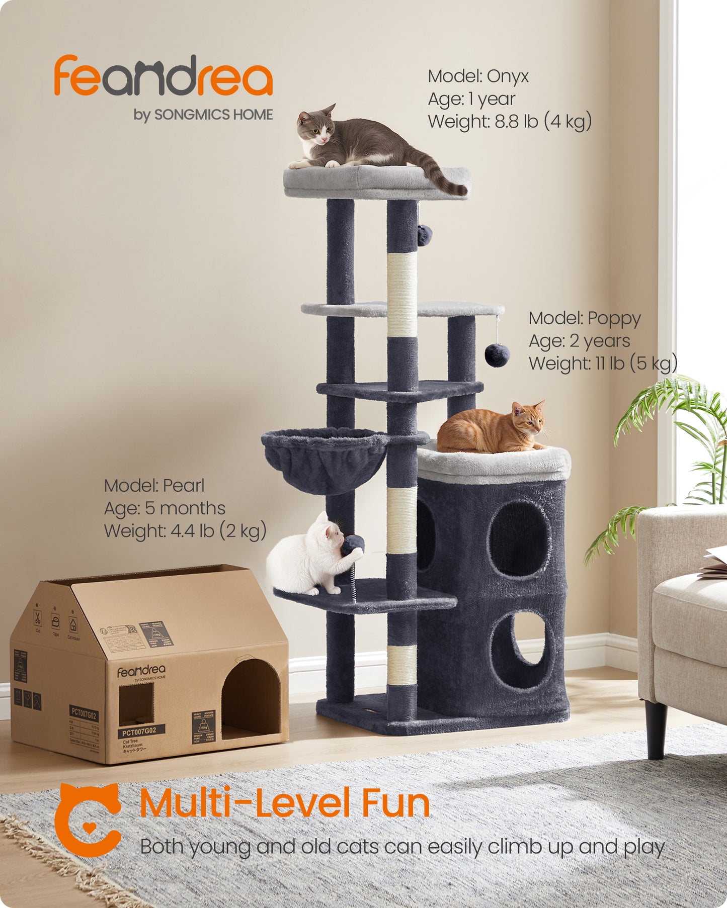 Tall Cat Tree, Multiple-Level Cat Tower with 2 Caves, 3 Scratching Posts, Dark Gray