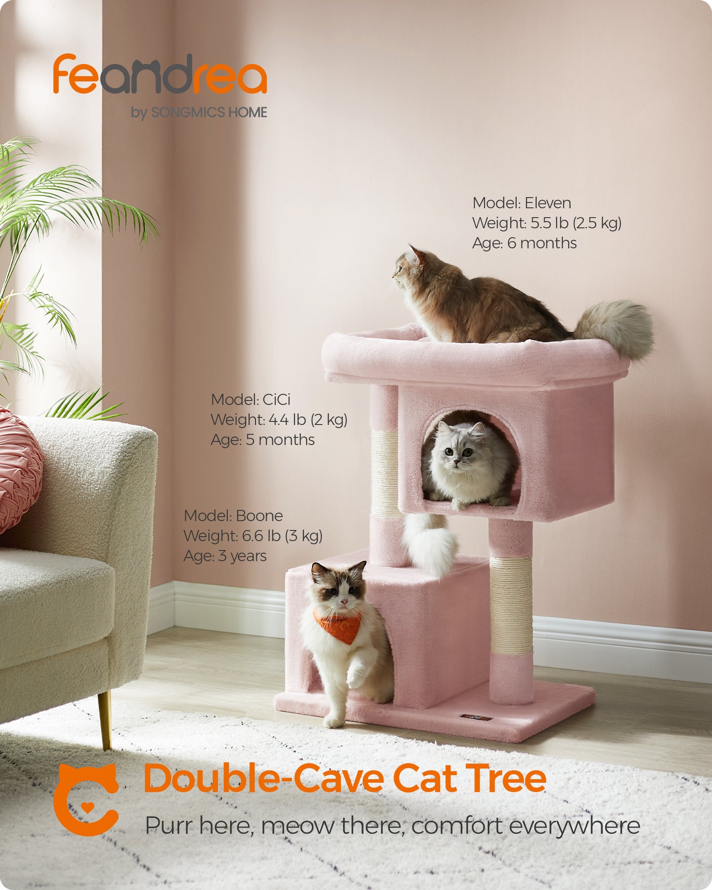 Cat Tree, 33.1-Inch Cat Tower, Cat Condo for Large Cats up to 16 lb, Large Cat Perch, 2 Cat Caves, Scratching Post, Cat Houses for Indoor Jelly Pink