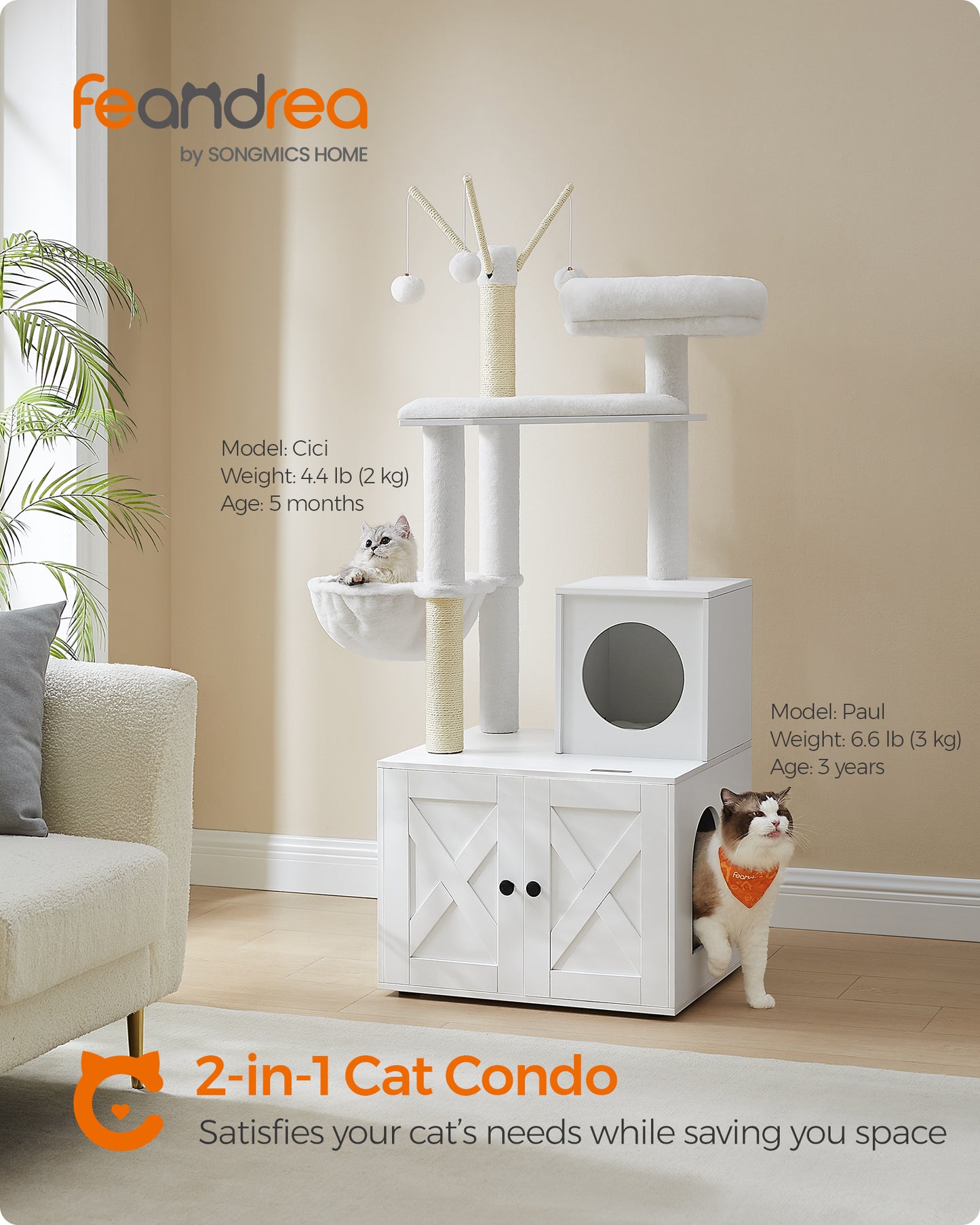 Cloud White 2-in-1 modern cat tree with litter box enclosure. A 55.1-inch cat condo equipped with scratching posts and removable pompom sticks