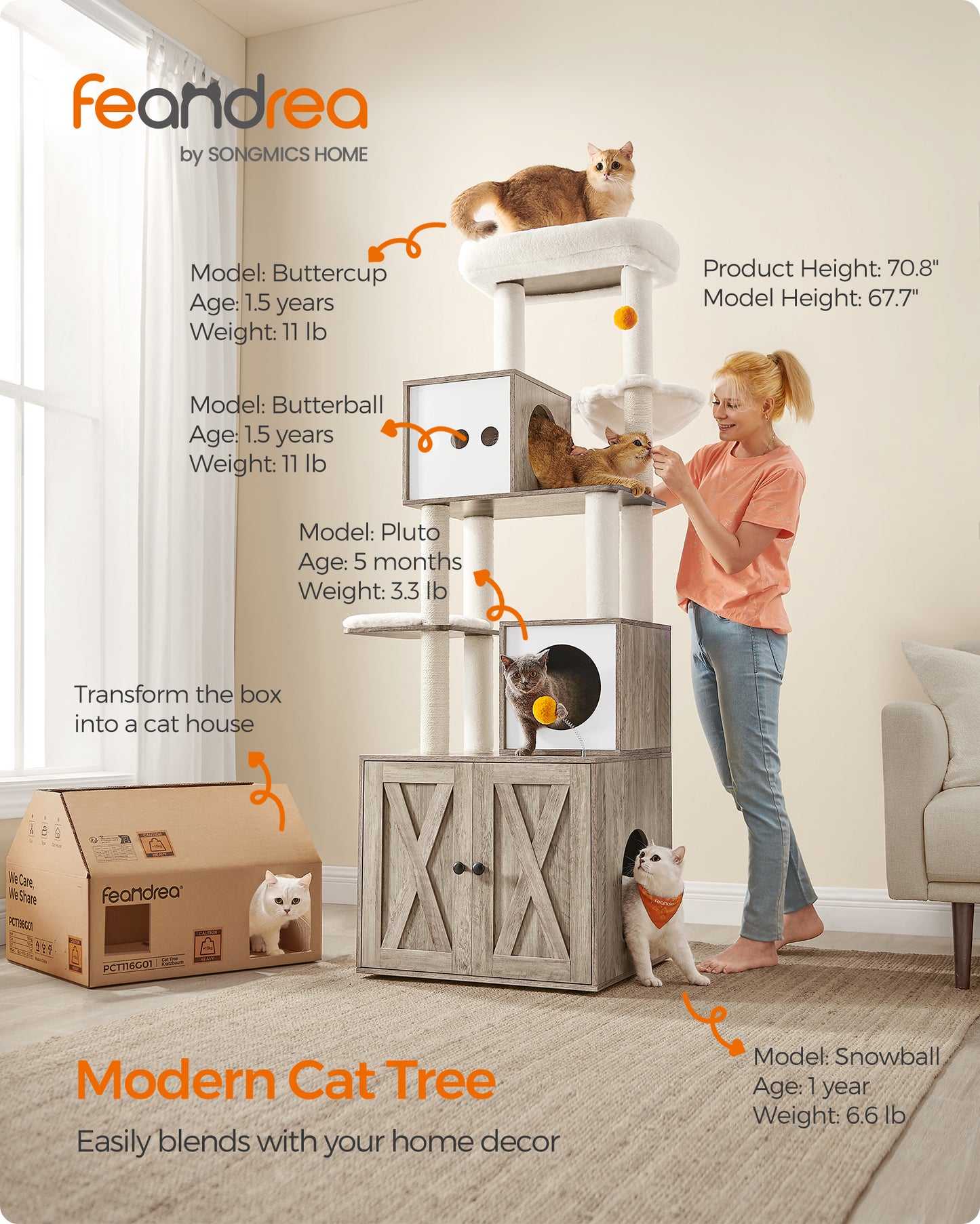 Cat Tree with Litter Box Enclosure - 2-in-1 Modern Cat Tower | 72.8-Inch Tall Condo with Scratching Posts, Perch, Caves, Basket, Washable Cushions, Greige