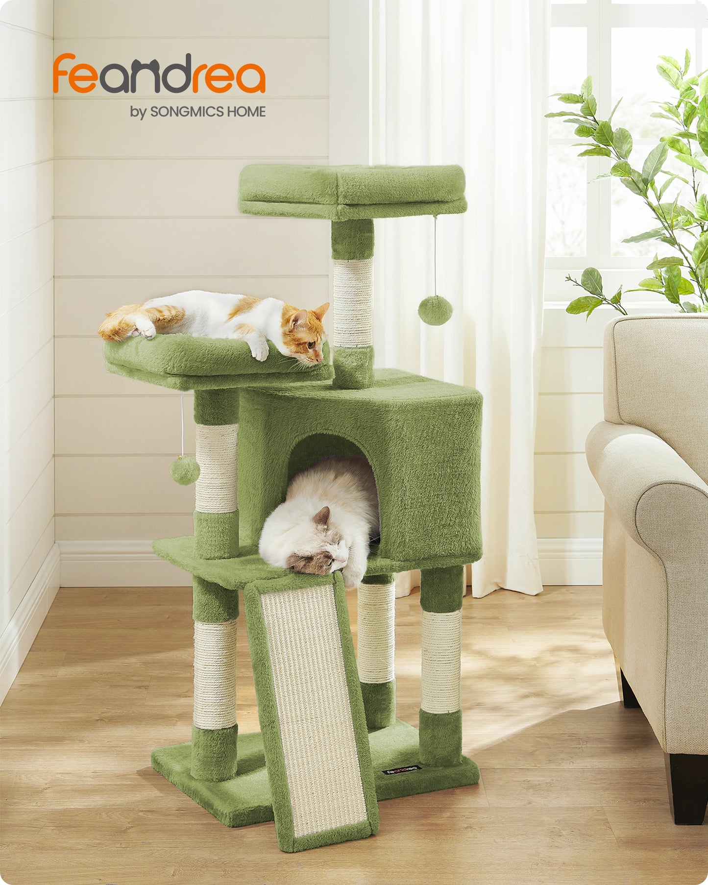 45.3-Inch Cat Tower with Scratching Ramp, Multi-Level Cat Condo with Spacious Cave & 2 Perches, 110 lb Capacity for Adult Cats Kittens, Grass Green