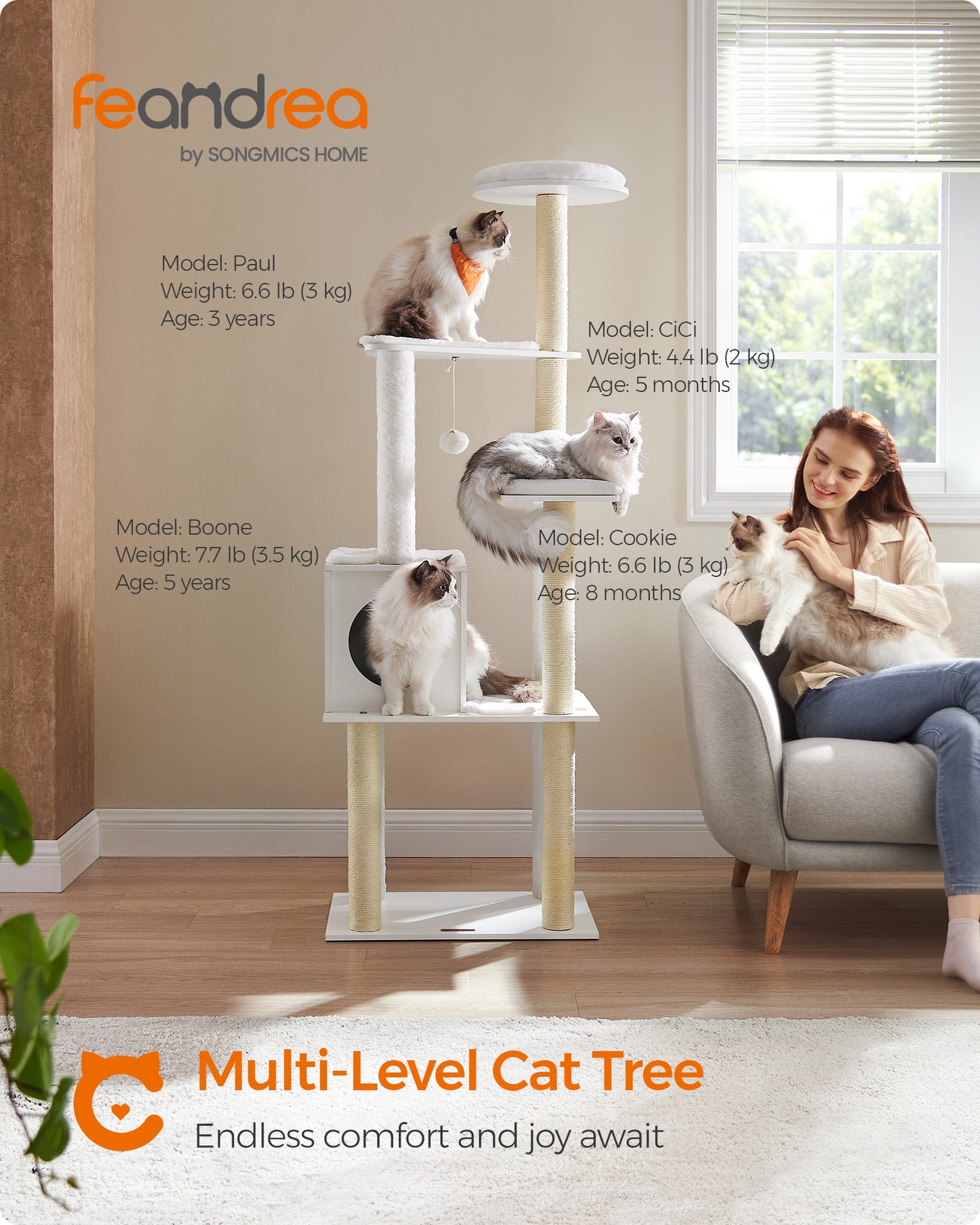 WoodyWonders Cat Tree, 65-Inch Modern Cat Tower for Indoor Cats, Multi-Level Cat Condo with Scratching Posts, Cat Furniture, White