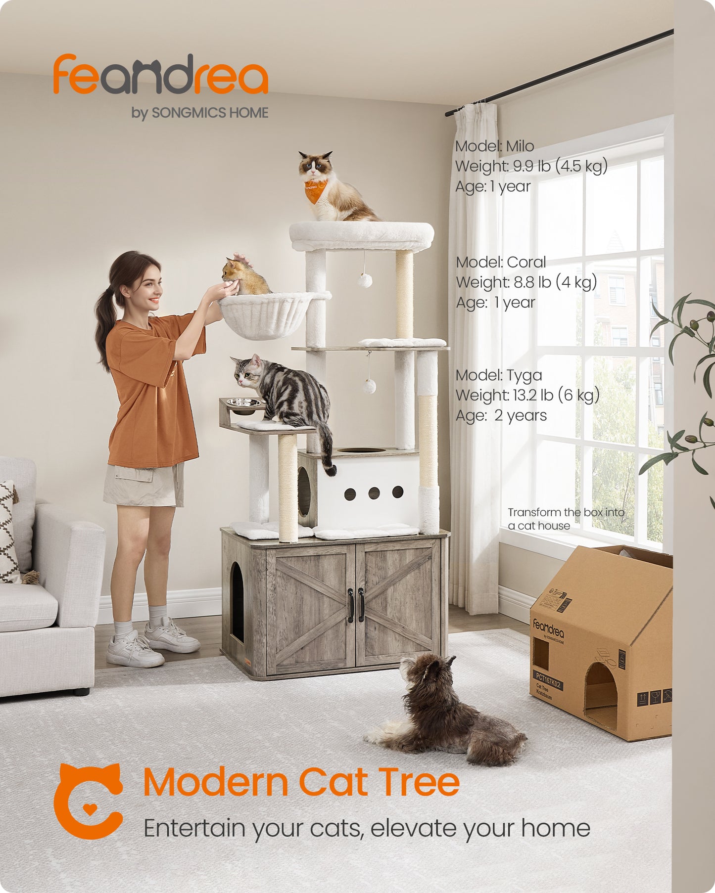 Cat Tree, 66.9-Inch Cat Tower with Litter Box Enclosure, Large Cat Condo with Scratching Posts, Food Station, Hammock, Washable Cushions, Heather Greige