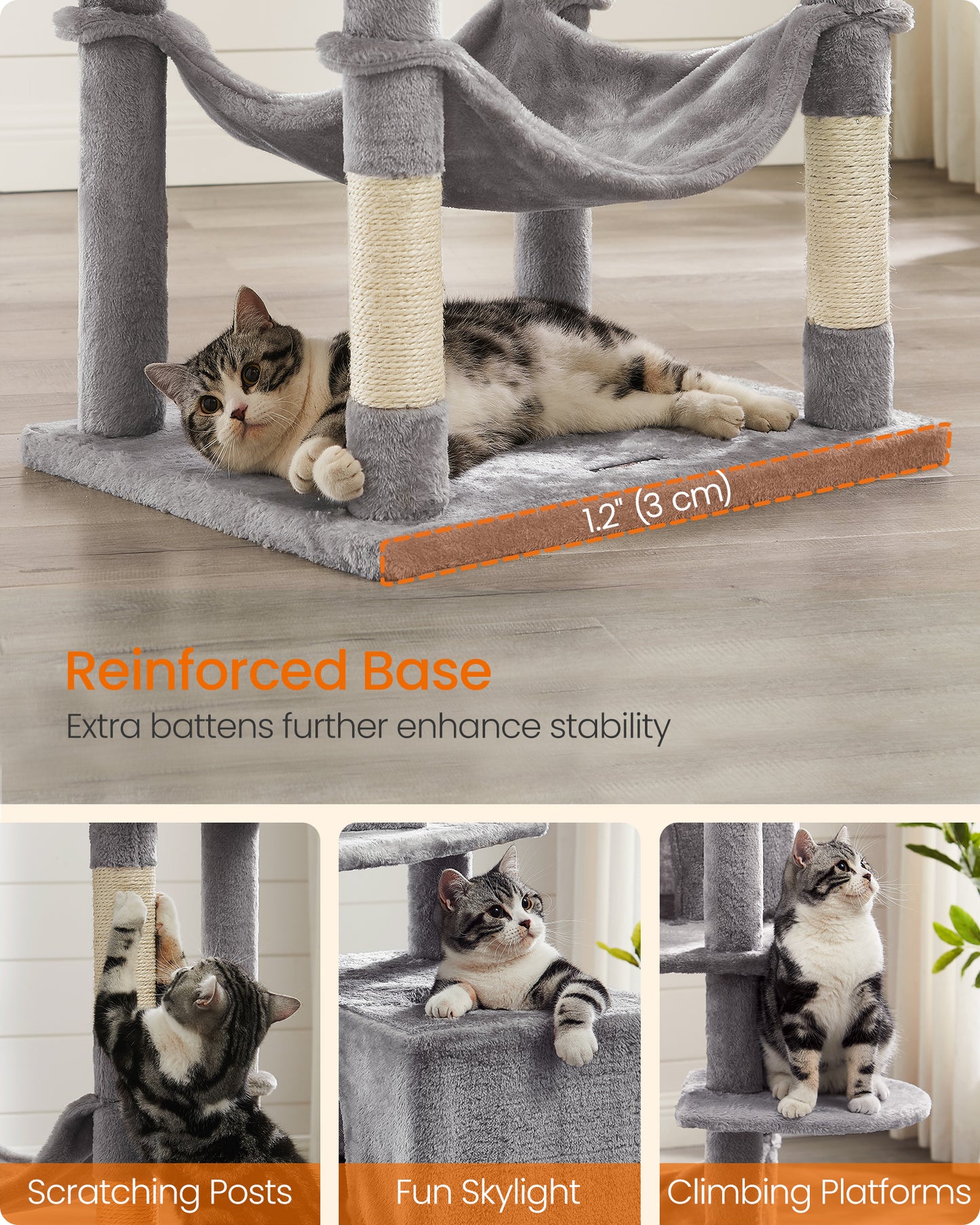Cat Tree, 75.2″ H Cat Tower for Indoor Cats, Plush Multi-Level Cat Condo Smoky Gray