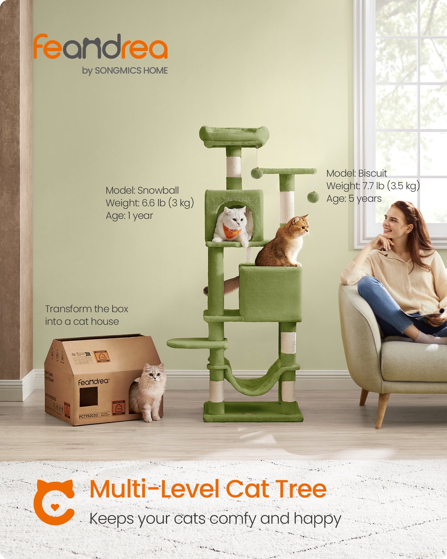 61 - Inch Grass Green Cat Tree for Indoor Cats. Plush multi - level cat condo has 5 scratching posts, 2 perches, 2 caves, a hammock & 2 pompoms.