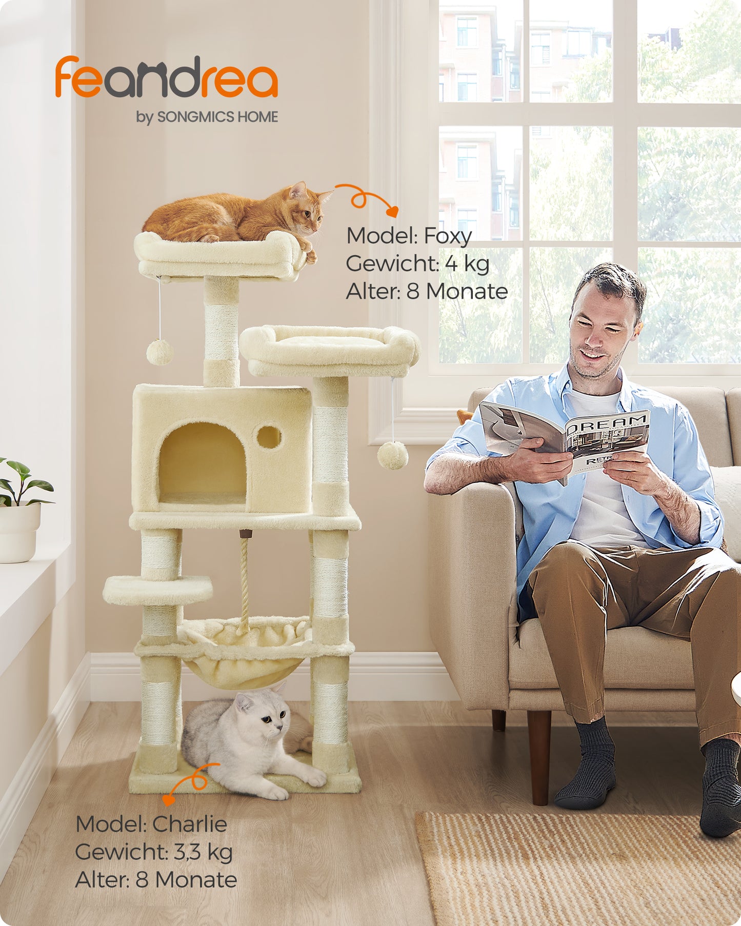 Cat Tree 44.1-Inch Cat Tower for Indoor Cats, Multi-Level Cat Condo with 11 Scratching Posts, 2 Perches, Cave, Hammock, Beige