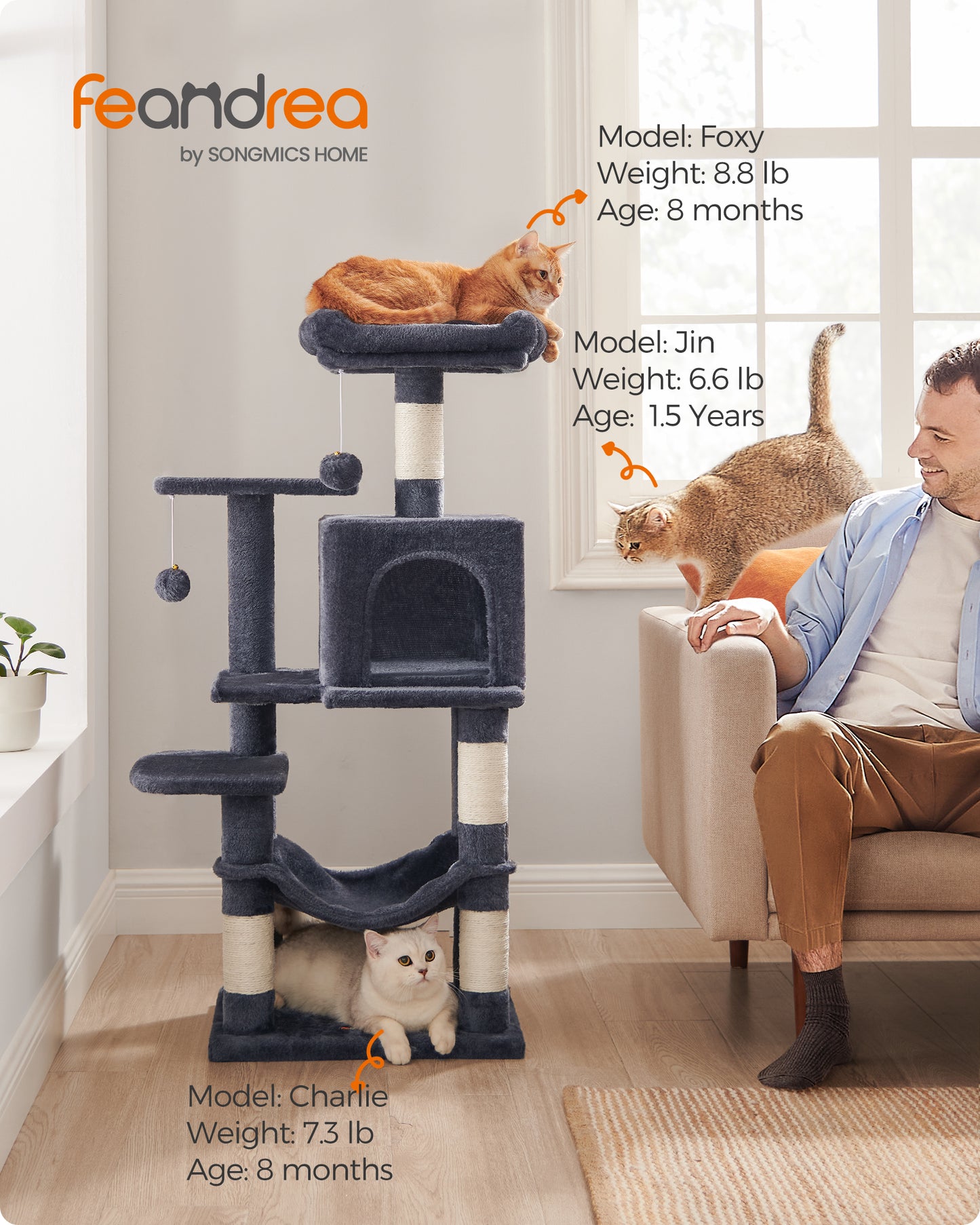 44.1' Cat Tree Tower for Indoor Cats ,Multi-Level Cat Condo Cat Furniture with Scratching Posts, Perches, Hammock, Cave , Smoky Gray