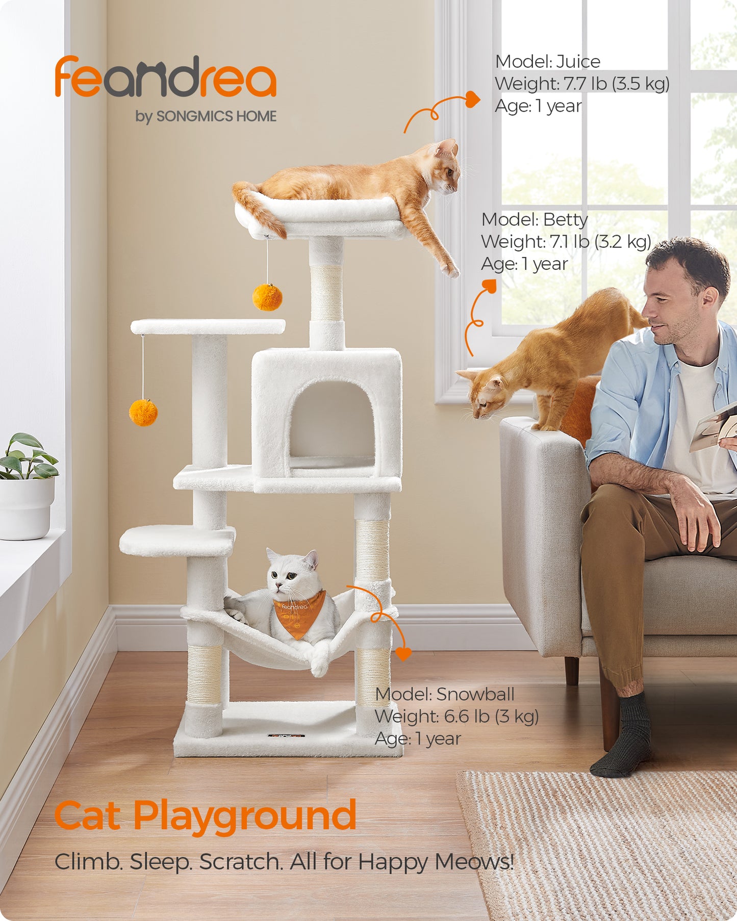 44.1' Cat Tree Tower for Indoor Cats ,Multi-Level Cat Condo Cat Furniture with Scratching Posts, Perches, Hammock, Cave , Cream White