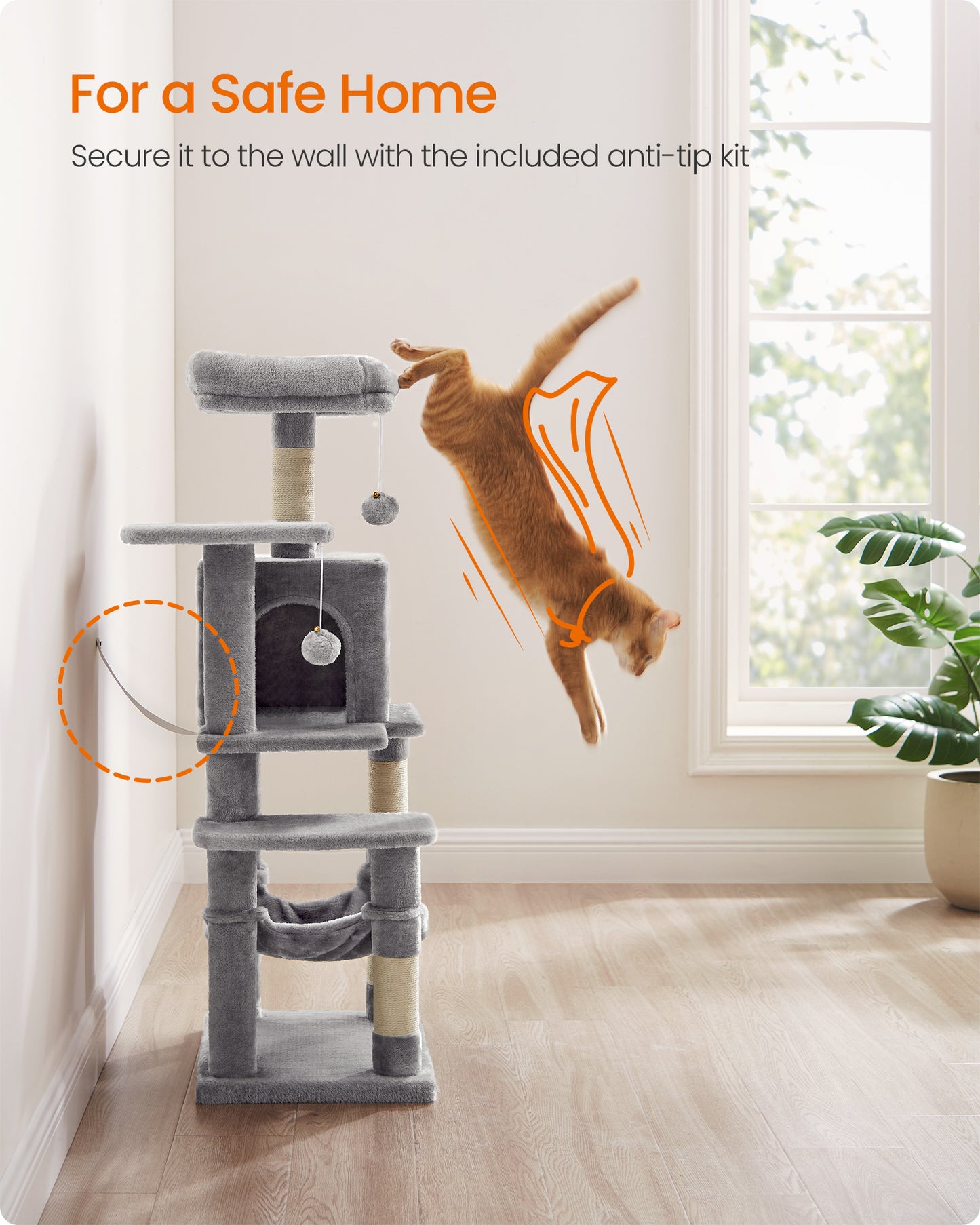 44.1' Cat Tree Tower for Indoor Cats ,Multi-Level Cat Condo Cat Furniture with Scratching Posts, Perches, Hammock, Cave , Light Gray