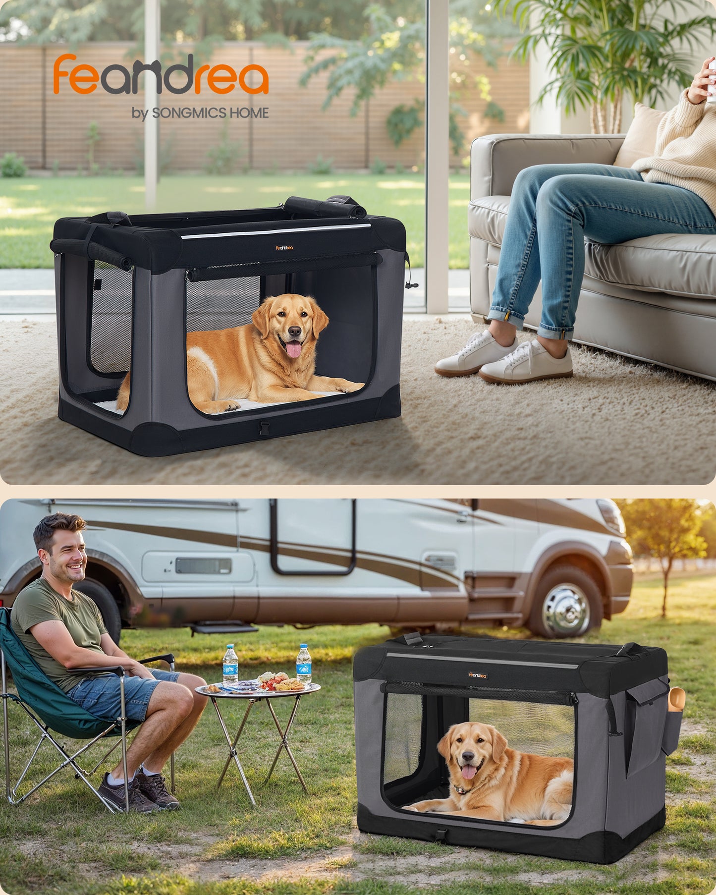 36-Inch Collapsible Dog Crate, Portable Pet Carrier with 4 Mesh Doors & Safety Zippers, Water-Resistant Soft Kennel for Large Dogs, Ink Black