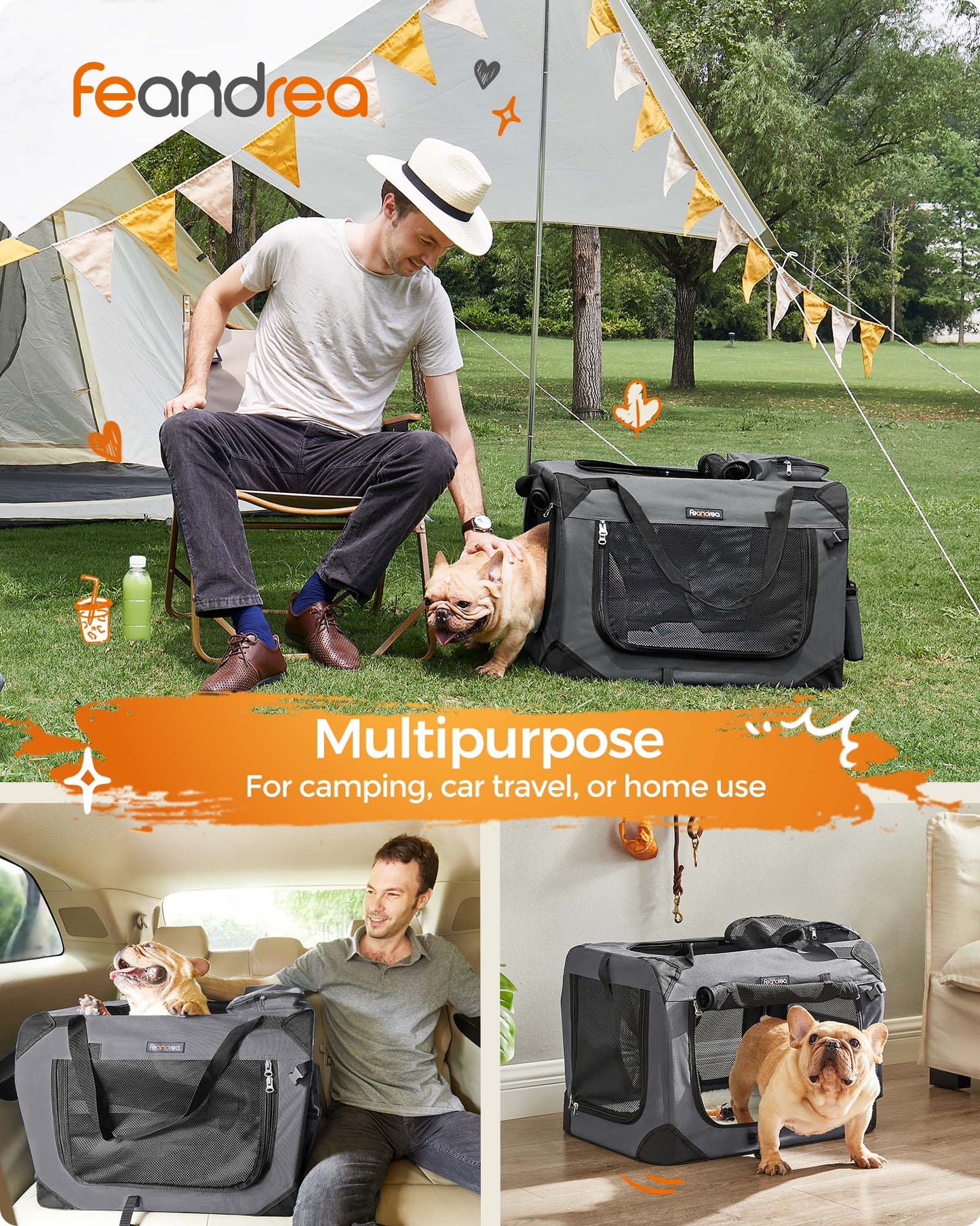 24-Inch Collapsible Dog Crate with 3 Mesh Doors, Portable Pet Carrier with Safety Zippers for Travel, Gray