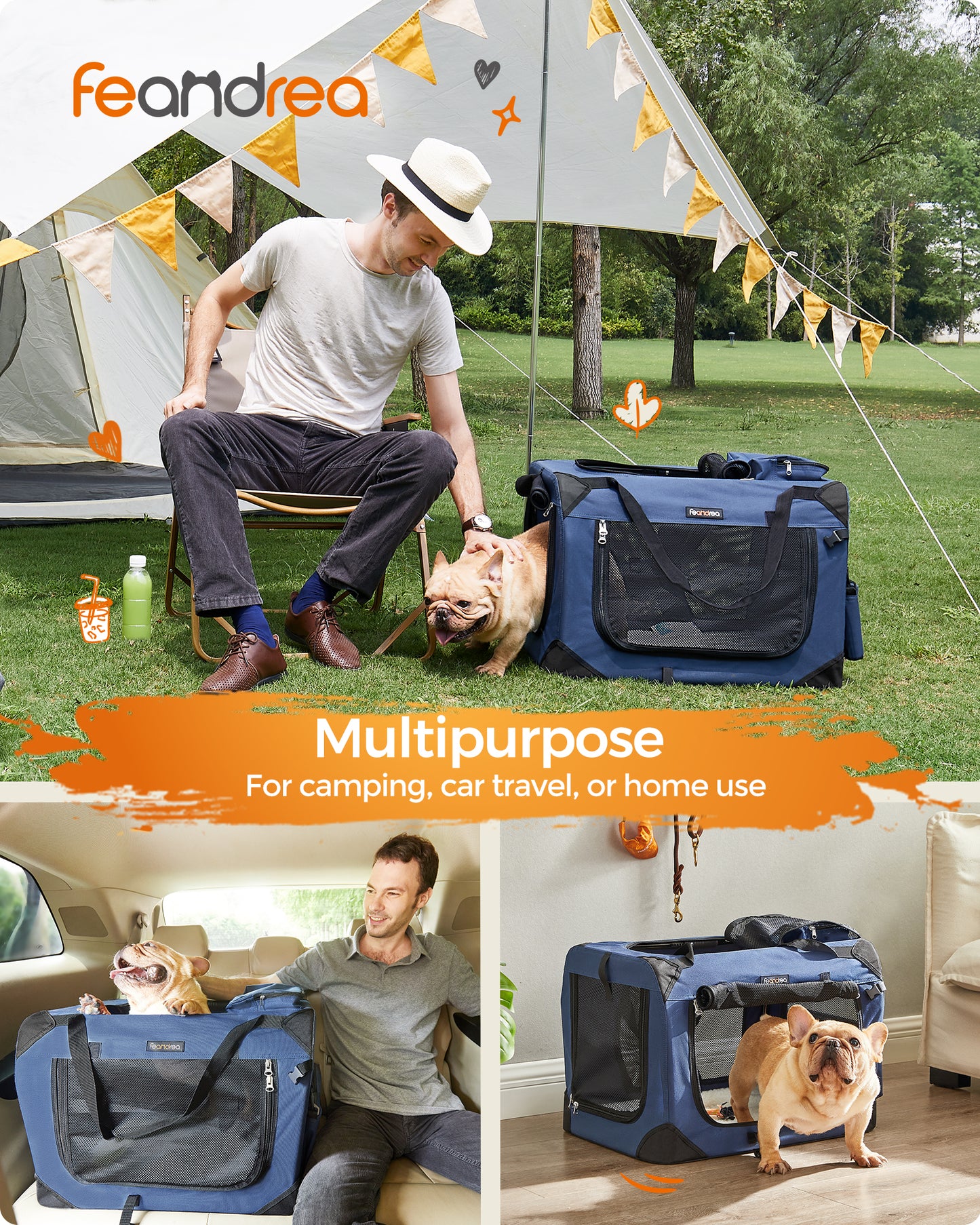 24-Inch Collapsible Dog Crate, Portable Pet Carrier with 3 Doors & Safety Zippers, Water-Resistant Soft Kennel for Small Medium Dogs, Dark Blue