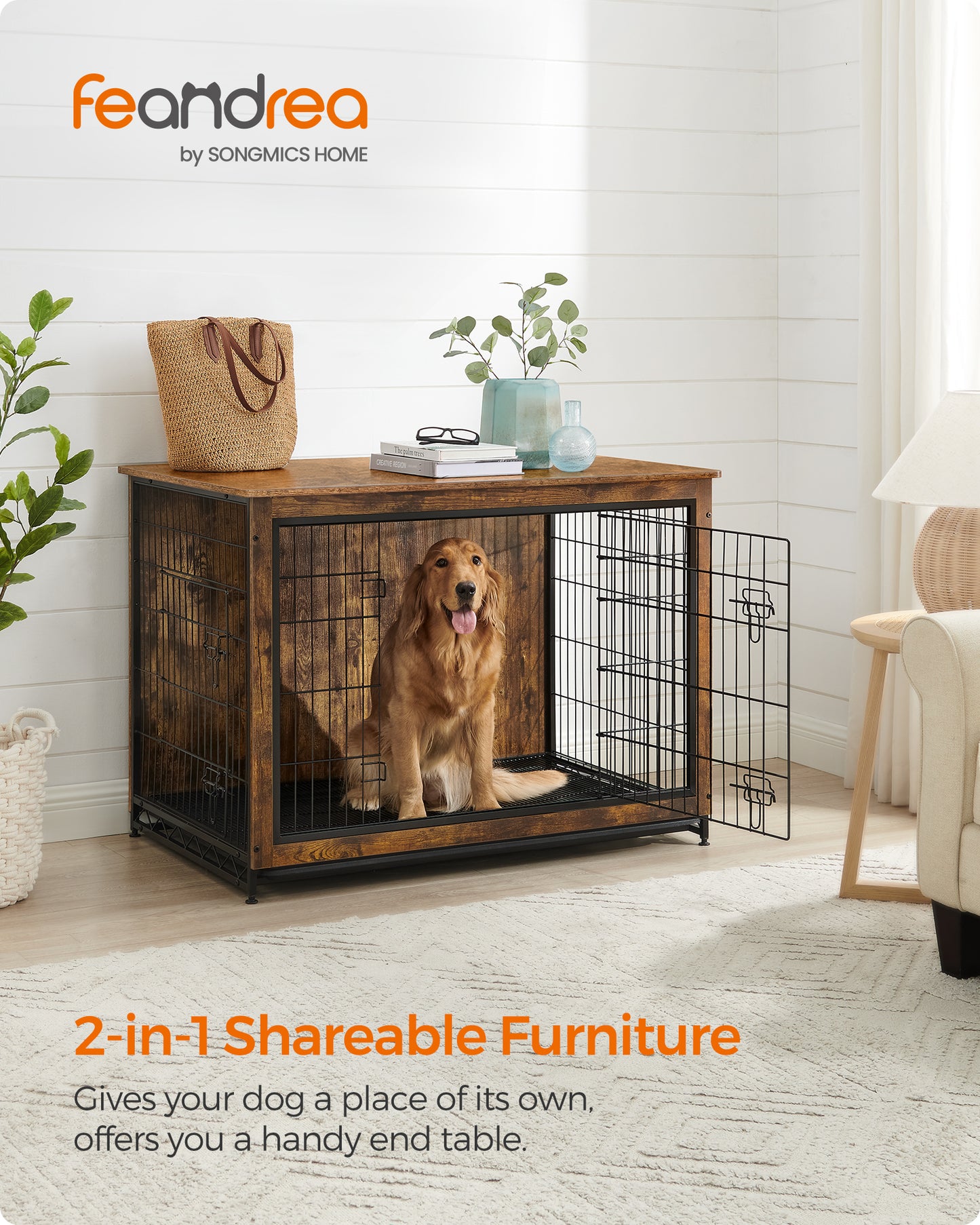 Wooden Dog Crate Furniture,Double-Doors Kennel for Dogs Indoor up to 80 lb, Removable Tray, End Table Dog Crate for Decoration 44.1"L x 29.5"W x 32.3"H, Rustic Brown