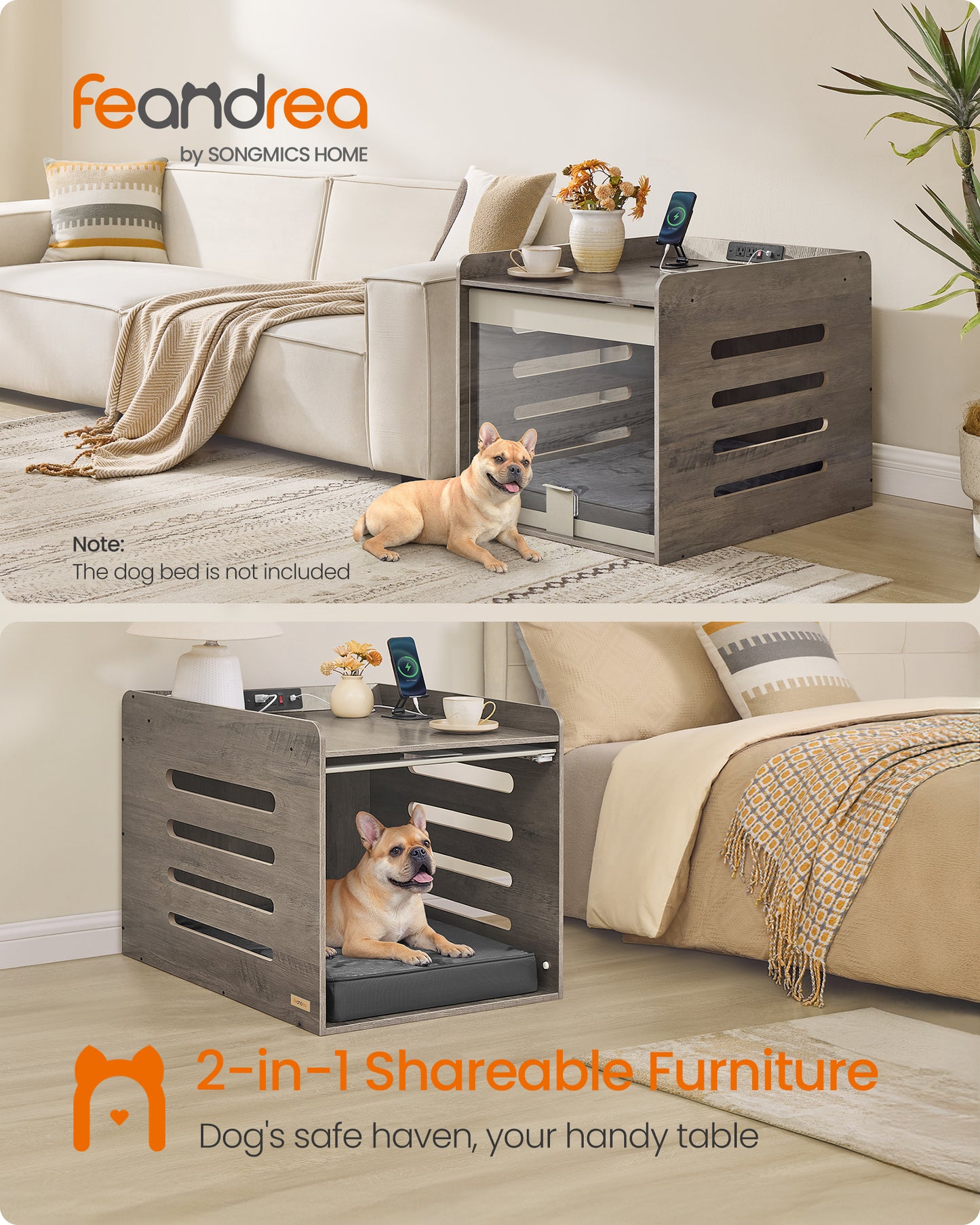 Heather Greige Modern Dog Crate. Has charging station & flip - up acrylic door. Fits small/medium dogs (≤45 lb). Doubles as side end table.