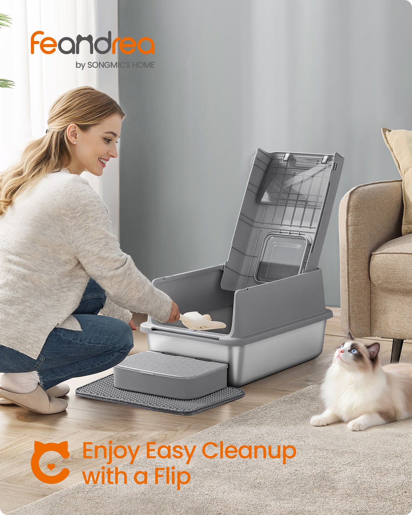 Stainless Steel Cat Litter Box with Flip Lid, 23.6 Inch Enclosed Litter Box with 2 Doors and Leak-Proof Design, Dove Gray