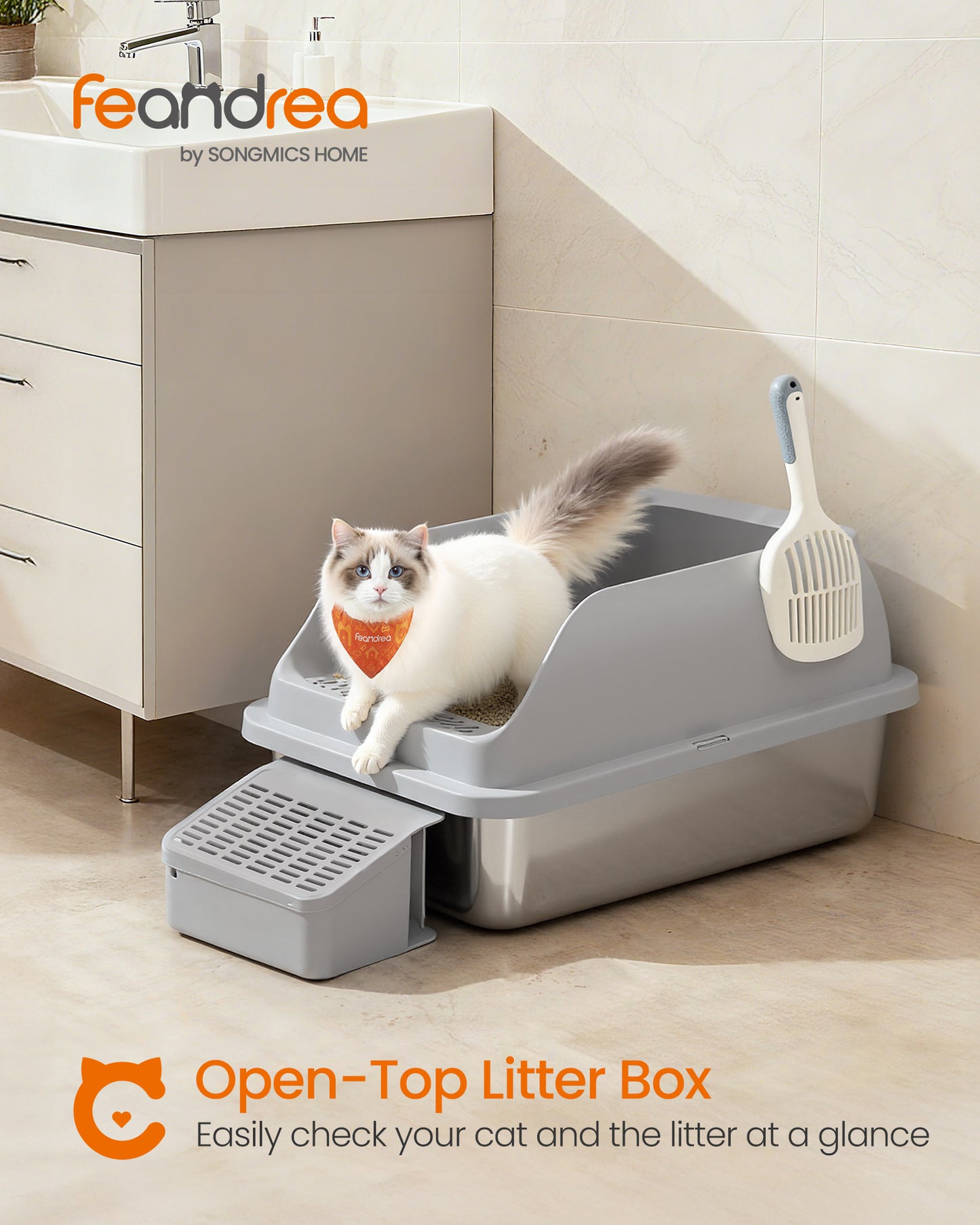 Stainless Steel Cat Litter Box, High-Sided Open Top Litter Tray with Step & Scoop, for Cats up to 33 lb, Slate Gray