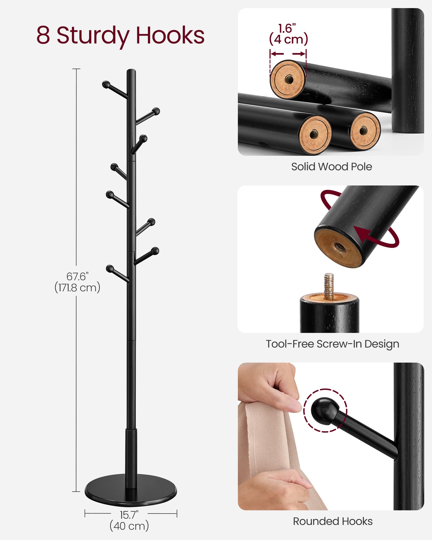 Freestanding Solid Wood Coat Rack with 7 Hooks, 3 Height Options, 44 lb Capacity for Entryway Hallway, Rubberwood, Black
