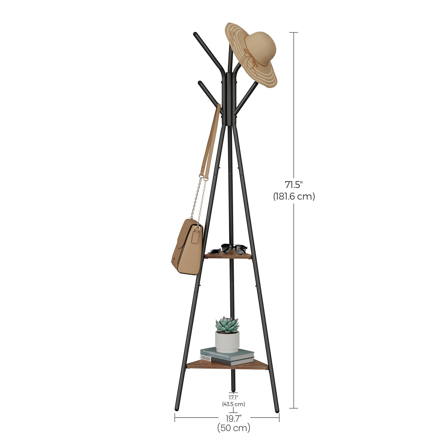 VASAGLE Coat Rack Freestanding Stand Hall Tree with 2 Shelves Brown and Black