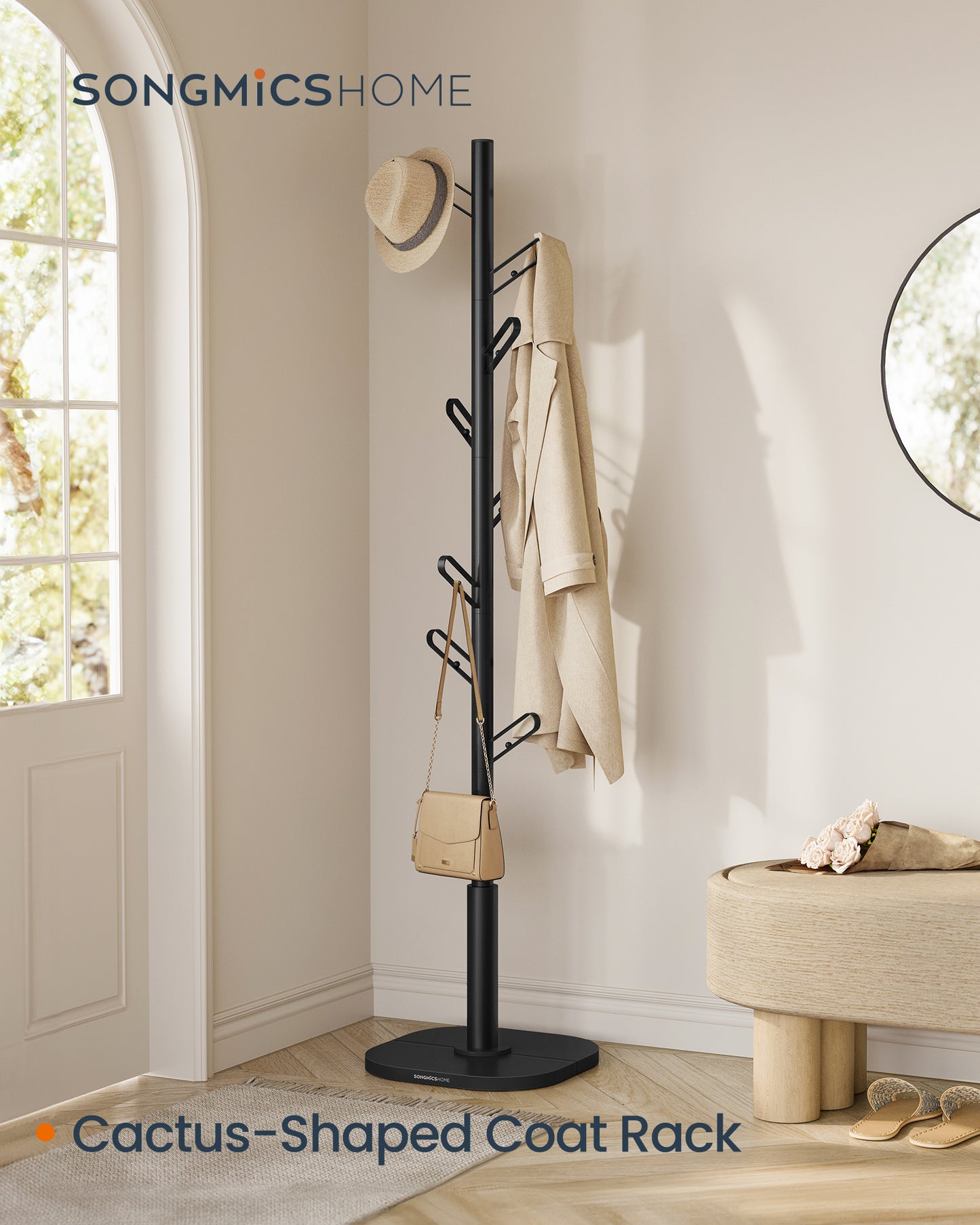 Tree-Shaped Coat Rack Freestanding, 69-Inch Tall Coat Rack Stand with 8 Sturdy Hooks, Height Adjustable for Clothes, Hats, Bags, Ink Black