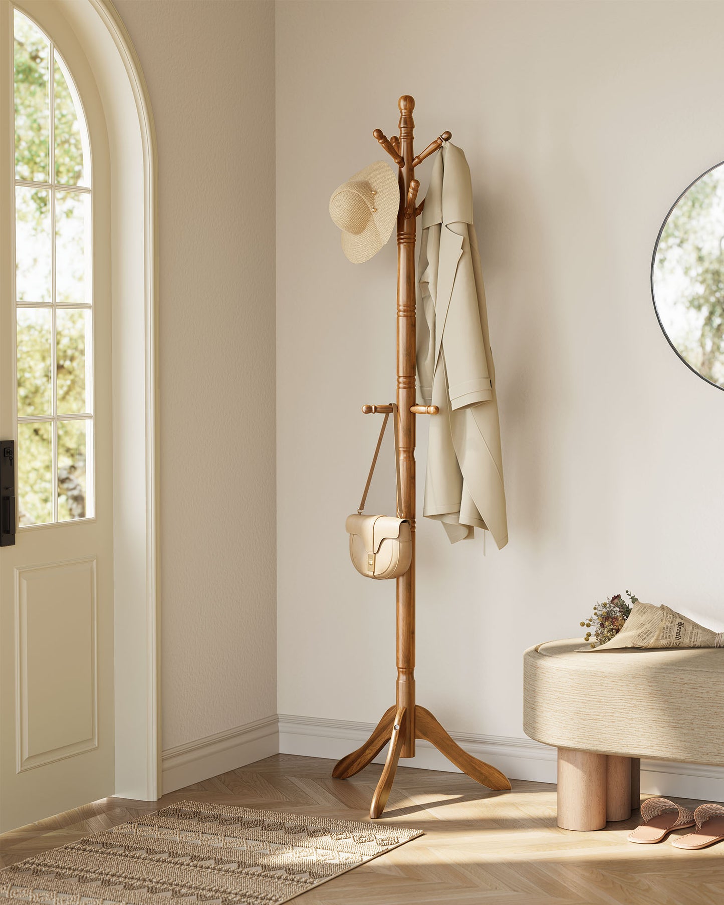 Solid Wood Coat Rack - Free Standing Hall Tree with 10 Hooks, Rubberwood, Dark Walnut