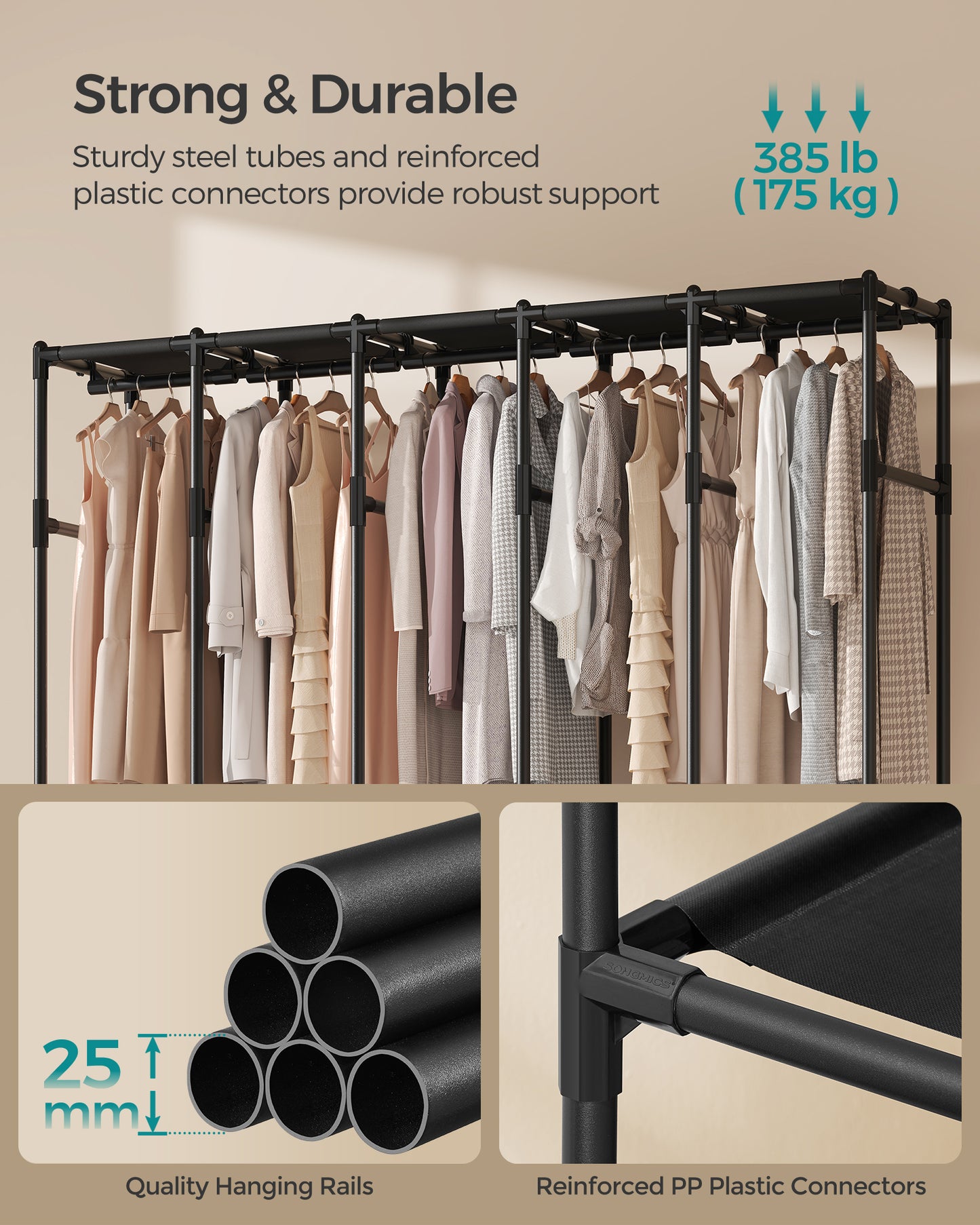 Wardrobe Closet, 83.5 Inch Large Capacity Portable Closet, Clothing Rack, 25 mm Dia,Thick Steel Tubes, Clothes Organizer with Fabric Cover, 5 Hanging Rails, 10 Shelves, Ink Black