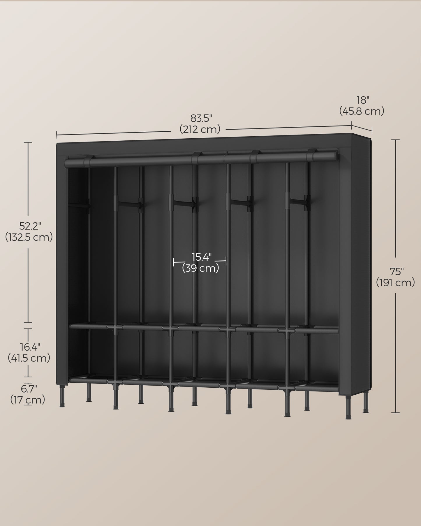 Wardrobe Closet, 83.5 Inch Large Capacity Portable Closet, Clothing Rack, 25 mm Dia,Thick Steel Tubes, Clothes Organizer with Fabric Cover, 5 Hanging Rails, 10 Shelves, Ink Black