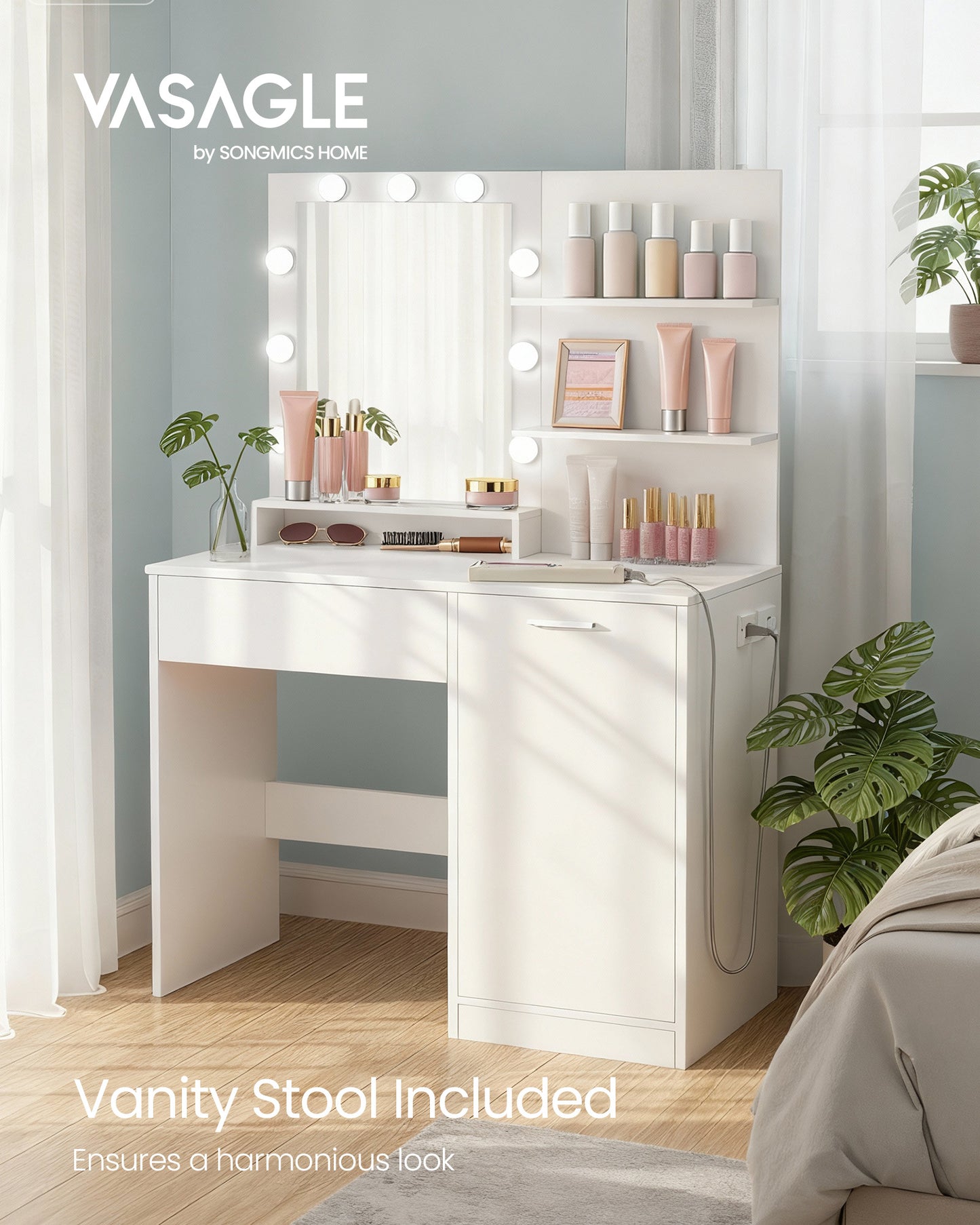 Vanity Desk with LED Mirror & Power Outlets, 35.4 Inch Makeup Table with Drawer, Cabinet & 3 Shelves, Charging Station for Bedroom, Cloud White