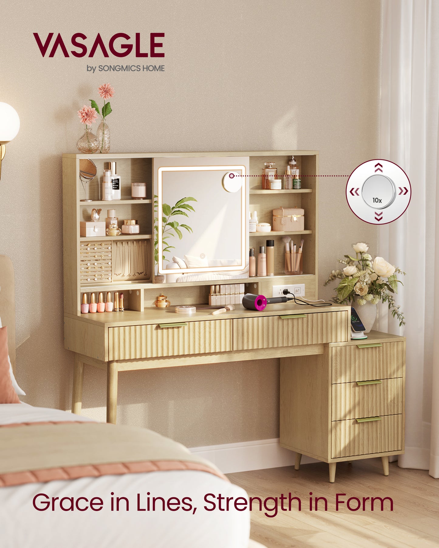 MAXE Vanity Desk with Sliding LED Mirror, 49.2‘’W Makeup Table with Compartment Storage Drawers, Oak Beige