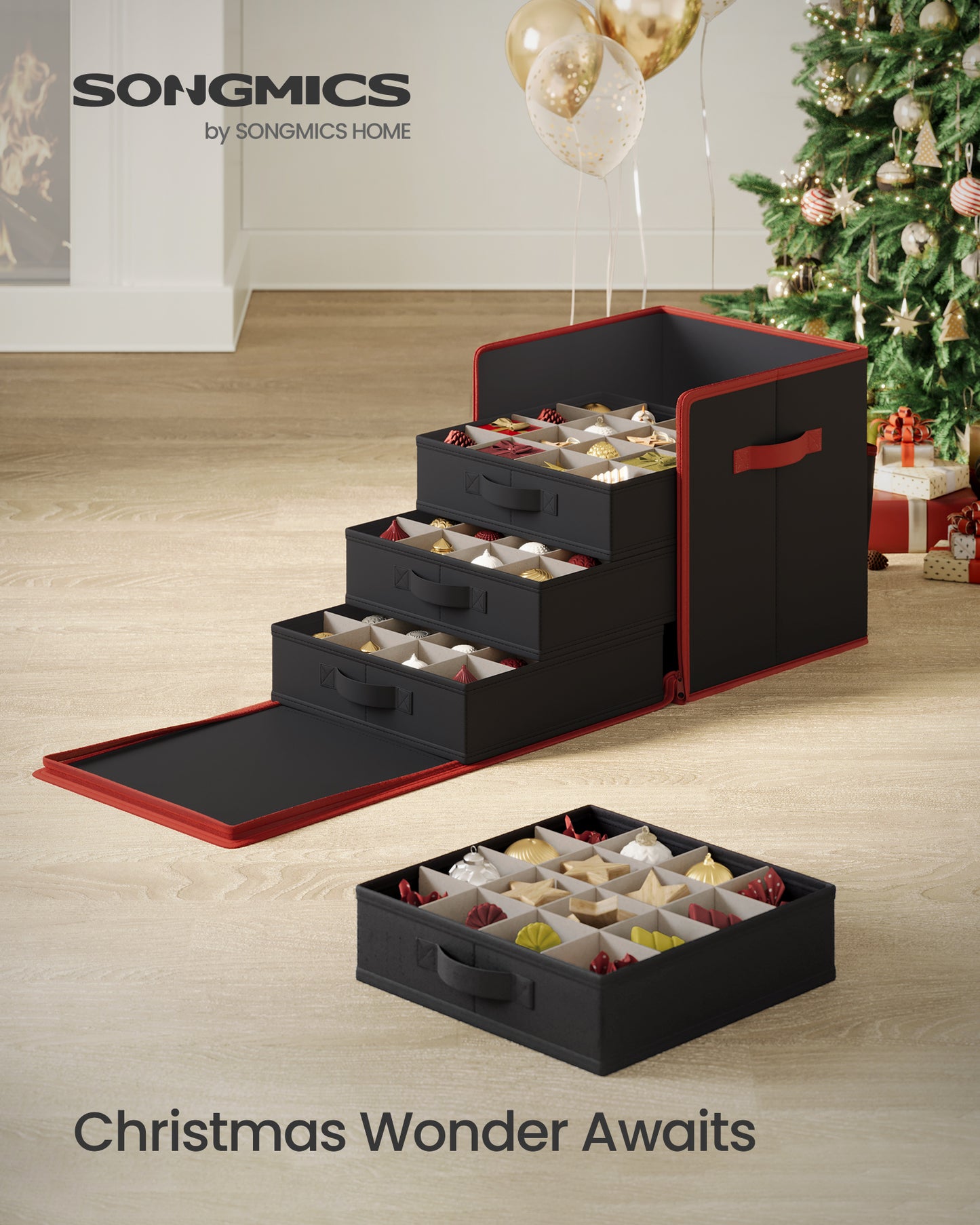 Stackable Christmas Ornament Storage Box with 4 Drawer Trays, 64-Slot Organizer with Adjustable Dividers, Ink Black