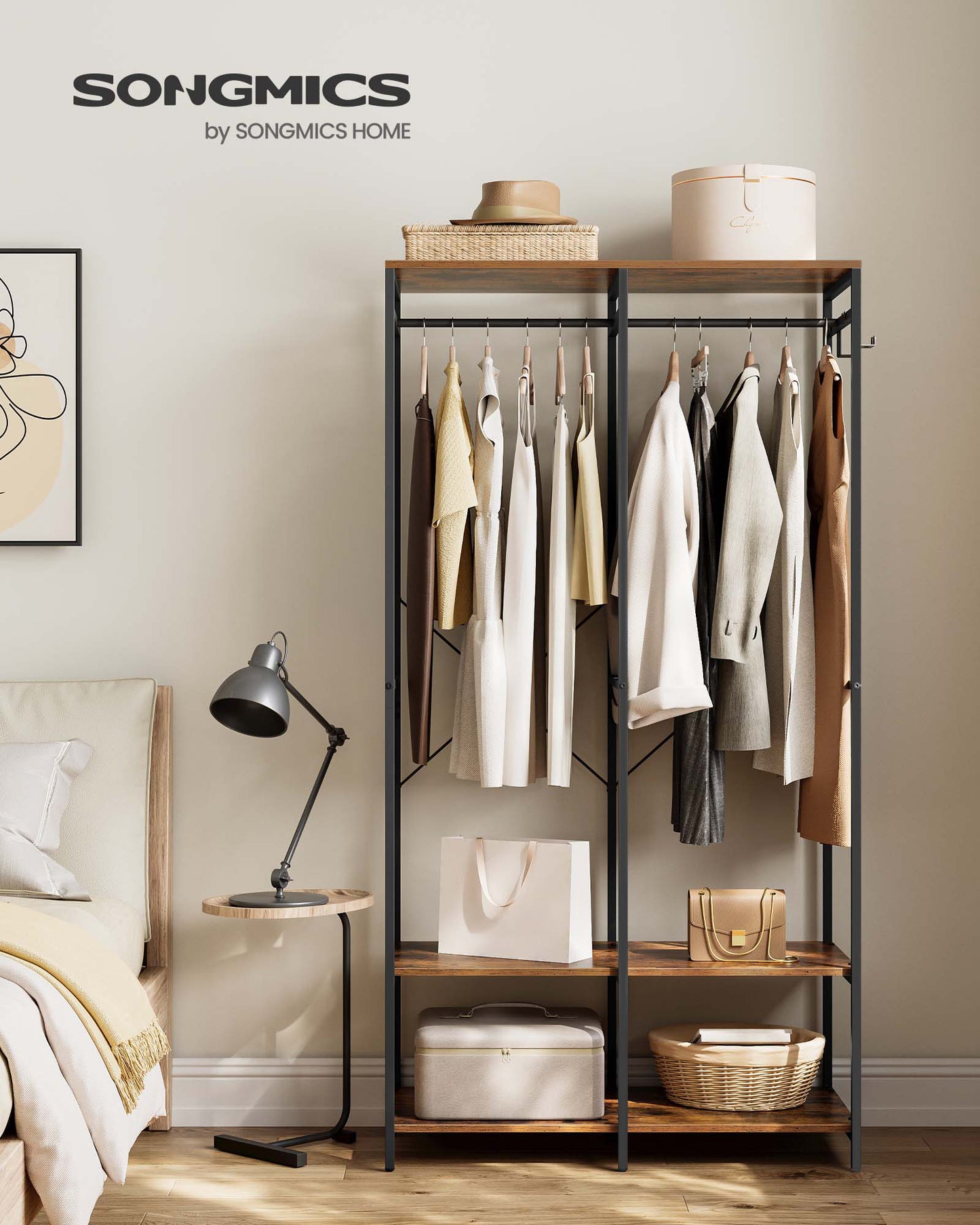 SONGMICS Clothes Rack Iron and Wood Wardrobe Closet Organizer Heavy Duty Garment Rack with Hanging Rods Closet Shelves Removable Hooks Rustic Brown