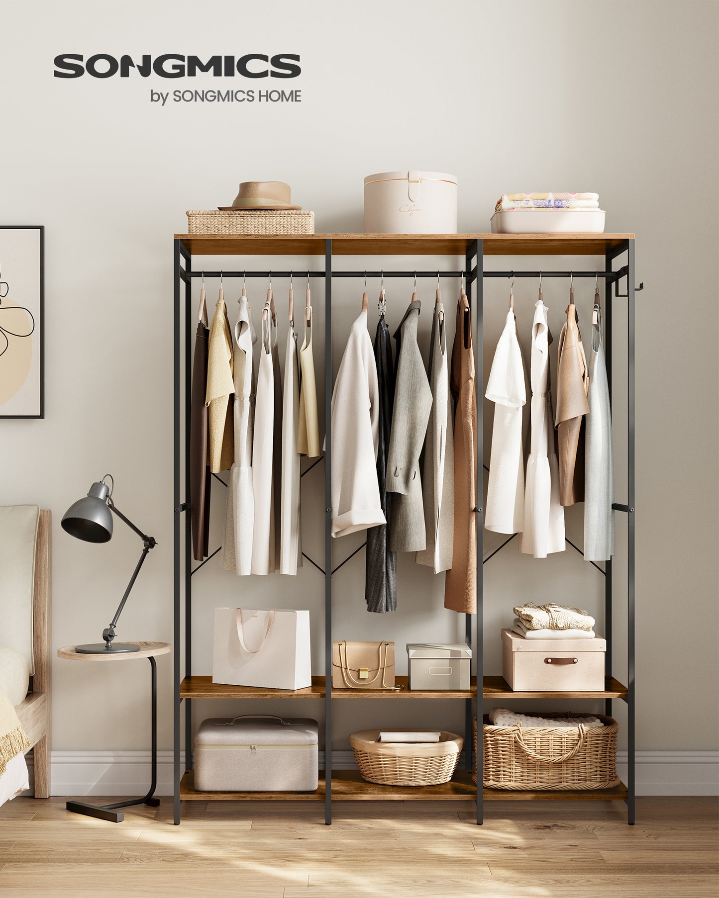 Clothes Rack Wardrobe Closet Organizer Heavy Duty Garment Rack with Hanging Rods Closet Shelves Removable Hooks Rustic Brown