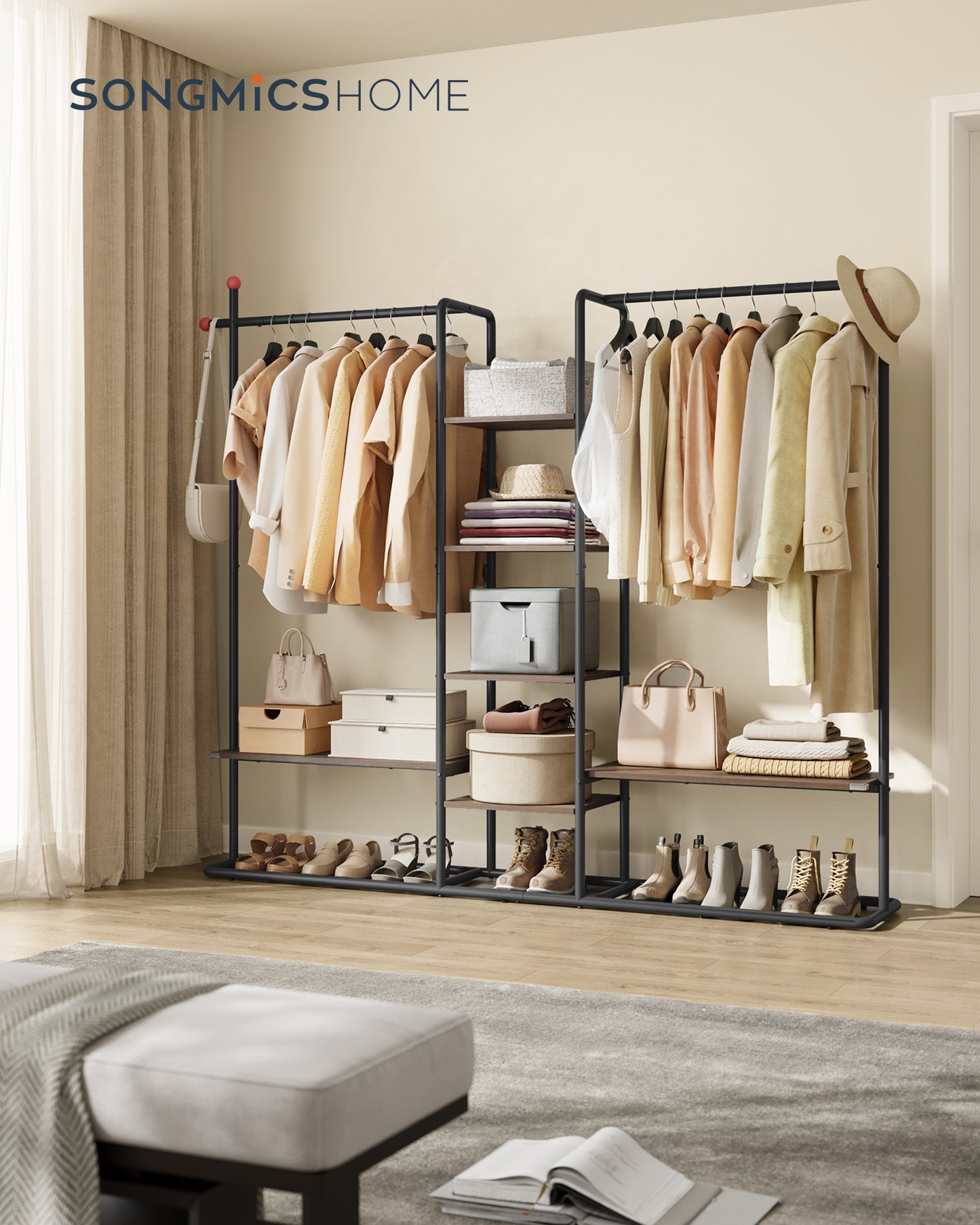 Natural Walnut & Ink Black Clothes Rack. A freestanding open wardrobe. 6 storage shelves, 2 hanging rails and matchstick-shaped hooks.