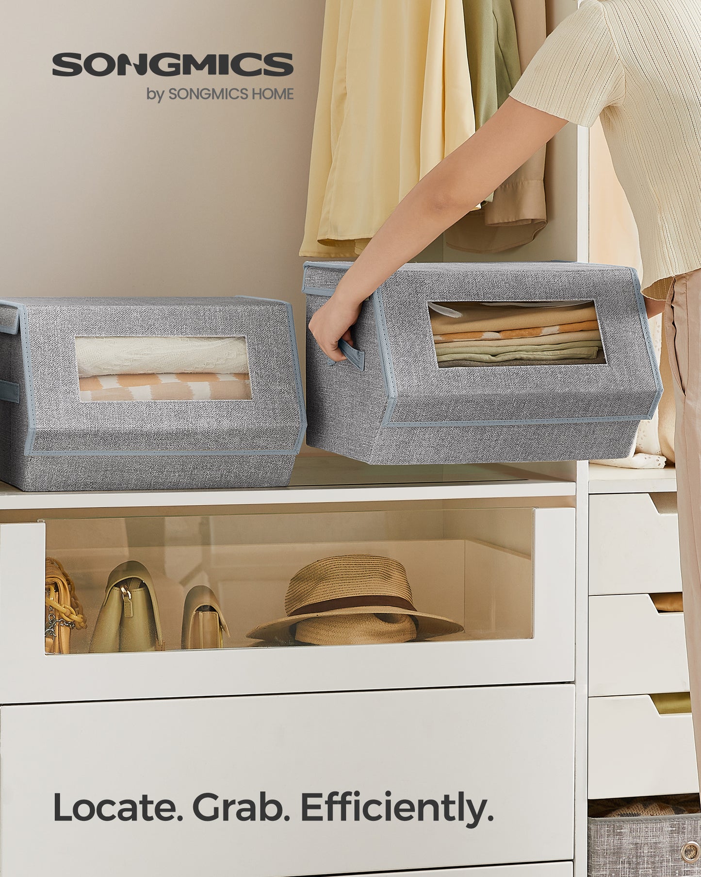 SONGMICS Set of 2 Stackable Storage Bins Fabric Storage Boxes Closet Organizers with Lids and Front Windows Dove Gray