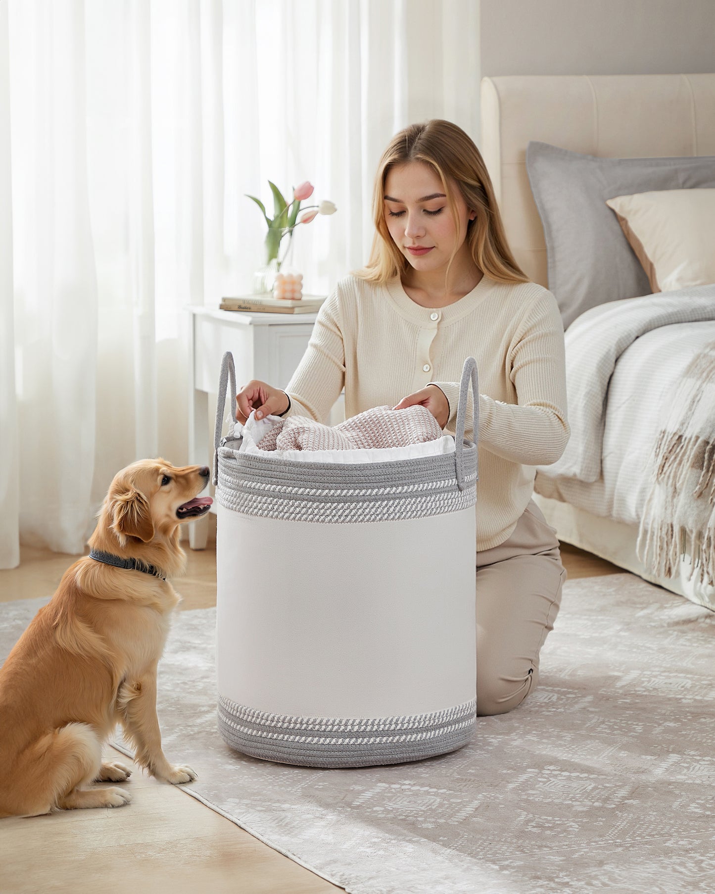 Laundry Hamper 60L, Laundry Basket with Handles, Laundry Bag with Lid, Cotton Rope, Drawstring, for Clothes, Blankets, Living Room, Bedroom, Dove Gray
